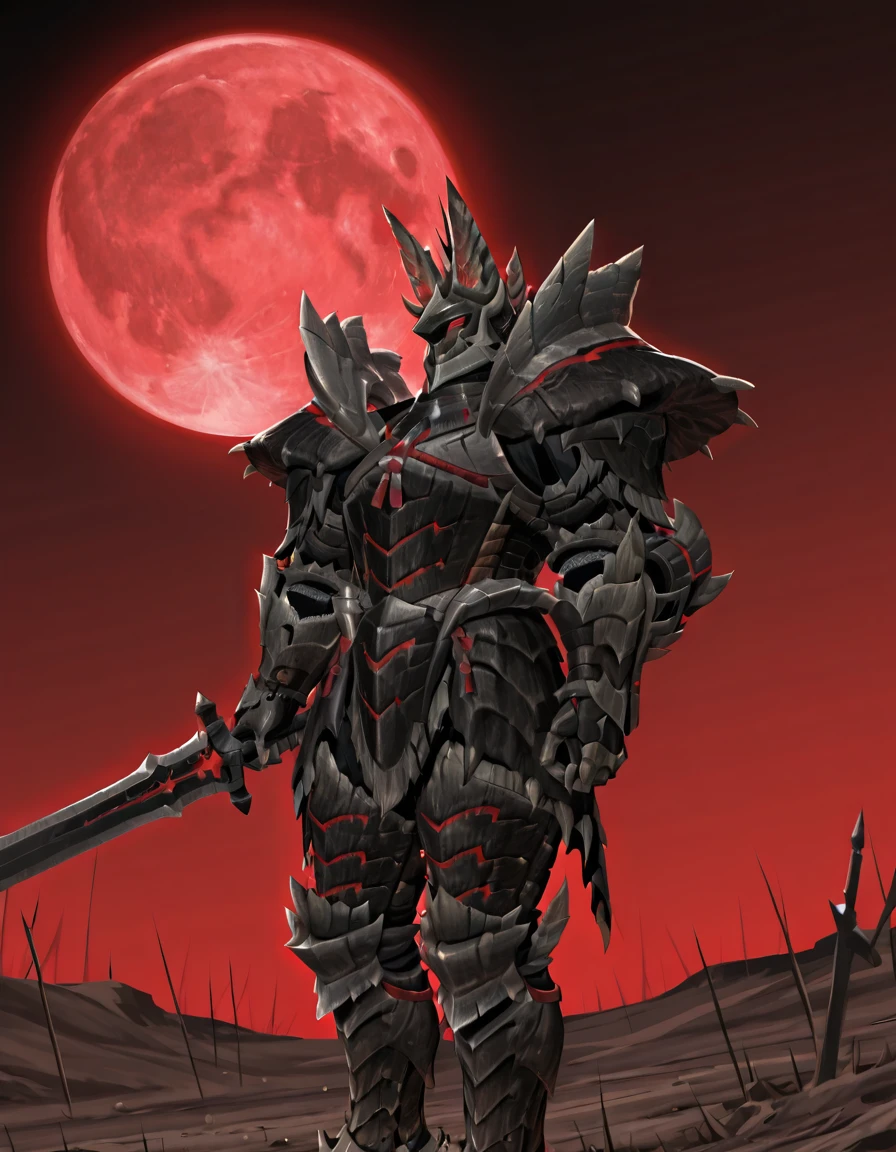 <lora:zinogerArmor-000009:1> helmet, armor, black armor, animal ears, broad shoulders, red eyes, horns holding sword, red moon, night, dirt,