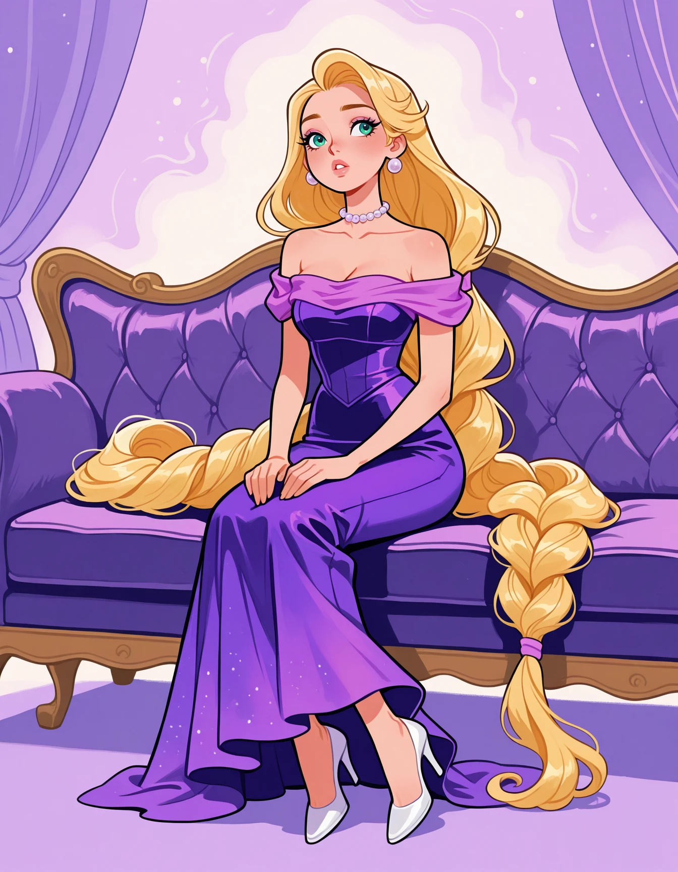 1girl, solo, rapunzel \(disney\), purple dress, pearl choker, absurdly long braid, full body, high heels, white heels, off-shoulder, sleeveless, (ruched satin), collarbone, vintage hair,  curly hair,<lora:WITRD-ILXL2025-08-11_10-07-48-save-569-189-2:0.8> on couch, leather couch, hands on thighs, parted lips <lora:Style_ecstatic-Wonderkind-ILXL:1> CW-Illu masterpiece, best quality, very aesthetic, newest