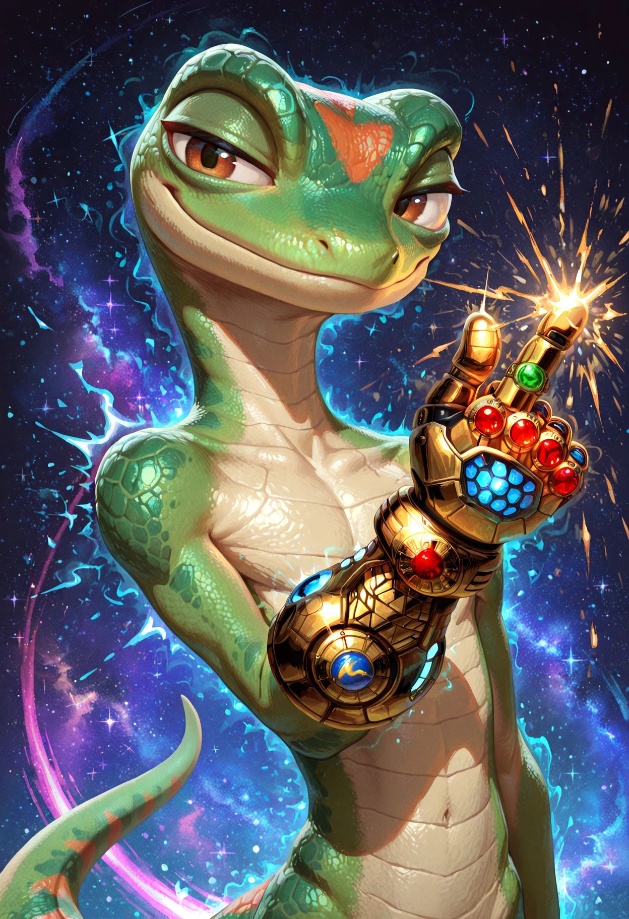 masterpiece, best quality, perfect quality, absurdres, newest, very aesthetic, very awa, g3icogeck, solo, gecko, green scales, anthro, reptile humanoid, no humans, slim, brown eyes, 1boy, tail, upper body, single infinity gauntlet, snapping fingers, cosmic power, smug, cosmic background, (one arm out of frame) <lora:Geico_Gecko_-_Martin_Commercial:.9>
