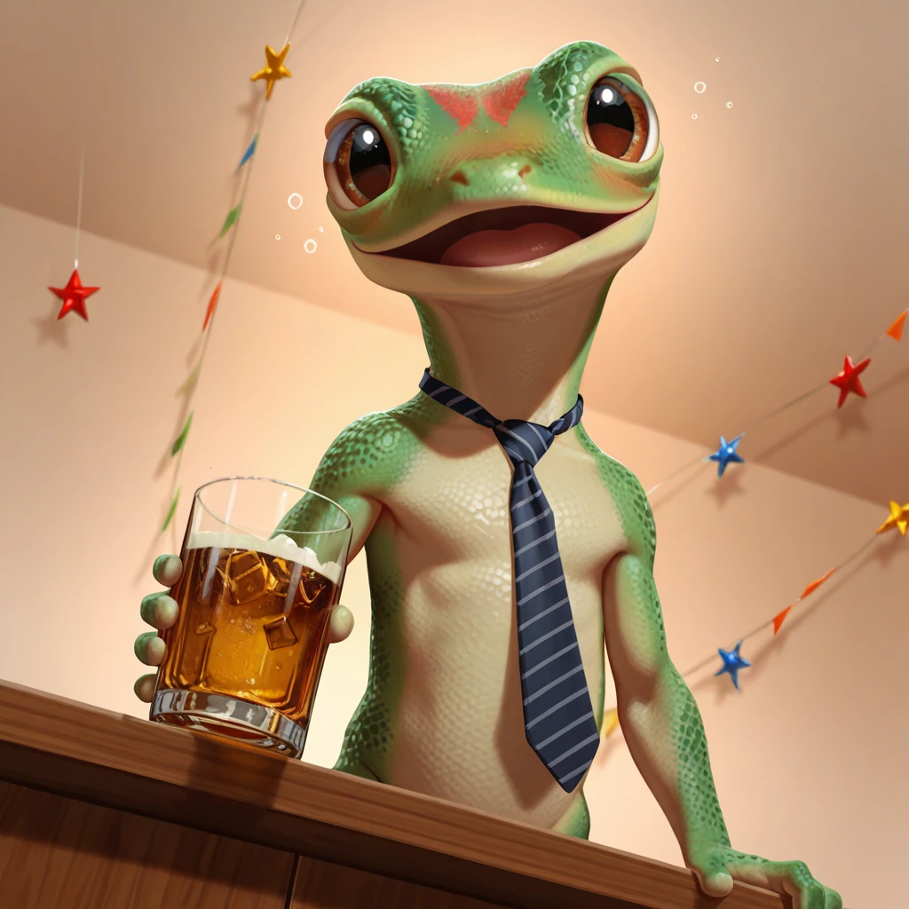 masterpiece, best quality, perfect quality, absurdres, newest, very aesthetic, very awa, g3icogeck, solo, gecko, green scales, anthro, big eyes, reptile humanoid, no humans, brown eyes, 1boy, office, party decorations, wearing necktie, short, shirtless, drunk blush, (drinking alcohol), standing, messy chugging, low angle, open mouth <lora:Geico_Gecko_-_Martin_Commercial:.95>  <lora:NOOB_vp1_detailer_by_volnovik_v1:1>