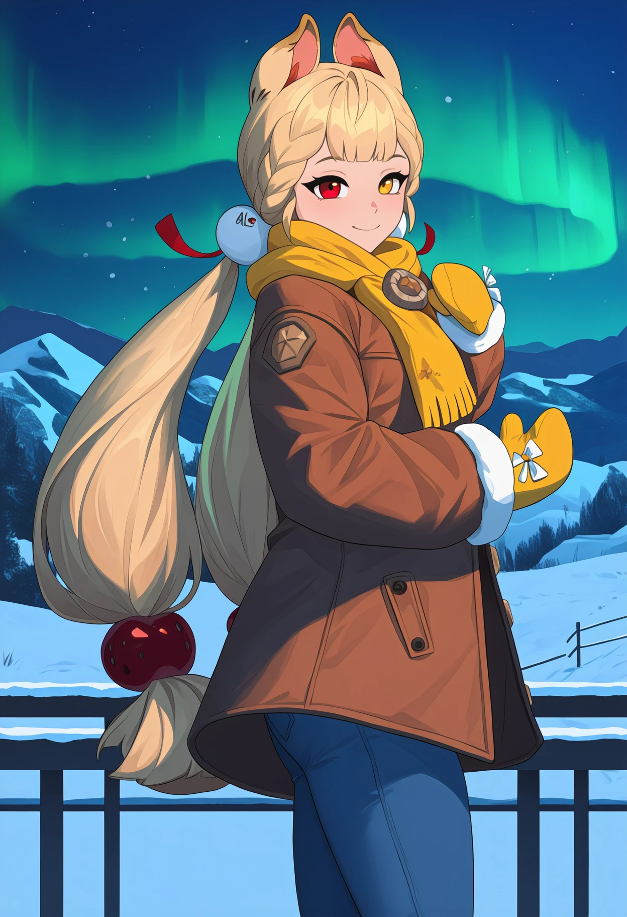 newest, from side, solo, 1girl, al1c3swim, smile, looking at viewer, standing, long hair, blonde hair, low twintails, braid, hair bobbles, hair ribbon, red ribbon, animal ears, heterochromia, red eyes, yellow eyes, winter clothes, brown coat, long sleeves, mittens, blue pants, jeans, yellow scarf, outdoors, night, aurora, railing, snow, mountainous horizon
<segment:yolo-Anzhc Face seg 640 v3 y11n.pt,0.5,0.5//cid=11>