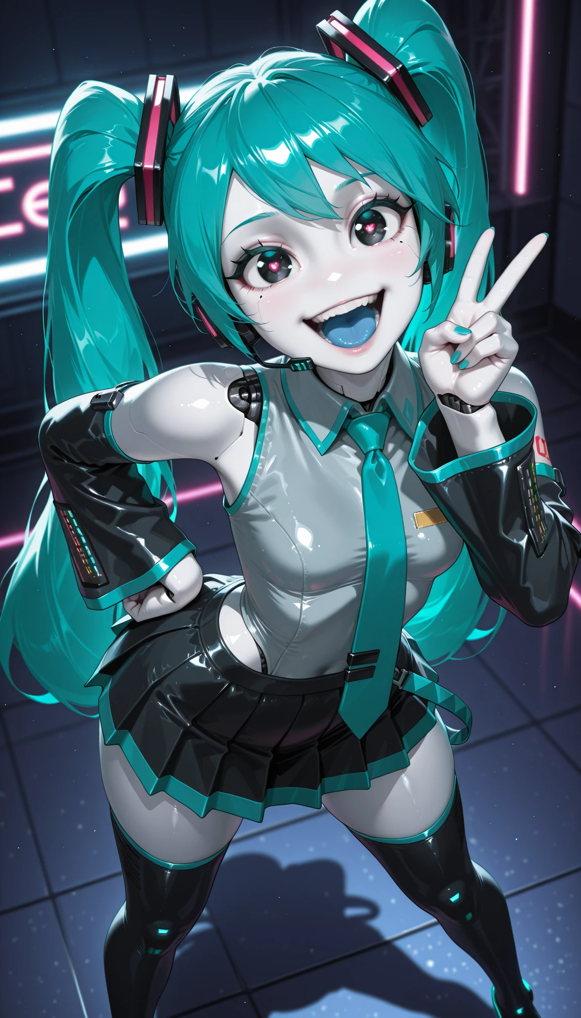 masterpiece, best quality, amazing quality, 4k, very aesthetic, high resolution, ultra-detailed, absurdres, newest, scenery, mature face, sharp face, long face, cartoon, dramatic light, 1girl, solo, (jenny wakeman:1.3) AND hatsune miku, (robot, android, part lines:1.2), (white skin, metalic skin, ceramic skin:1.2), collared wide detached sleeve grey shirt, necktie, skirt, thighhighs, (no nose:1.2), [shiny black eyes:symbol-shaped pupils:13], bright pupils, big eyes, one eye half-closed, (winking:0.8), open mouth, smile, blue tongue, standing, posing, twisty pose, head tilt, legs apart, long hair, small breasts, wide hips, narrow waist, from above, face focus, dutch angle, v, one hand on hip, cyberpunk, stage, blue neon, spot light, fine shiny fablic emphasis, BREAK, robot white hands, fingers, eyes, extremely detailed eyes, photorealistic detail, detailed background, volumetric lighting, depth of field