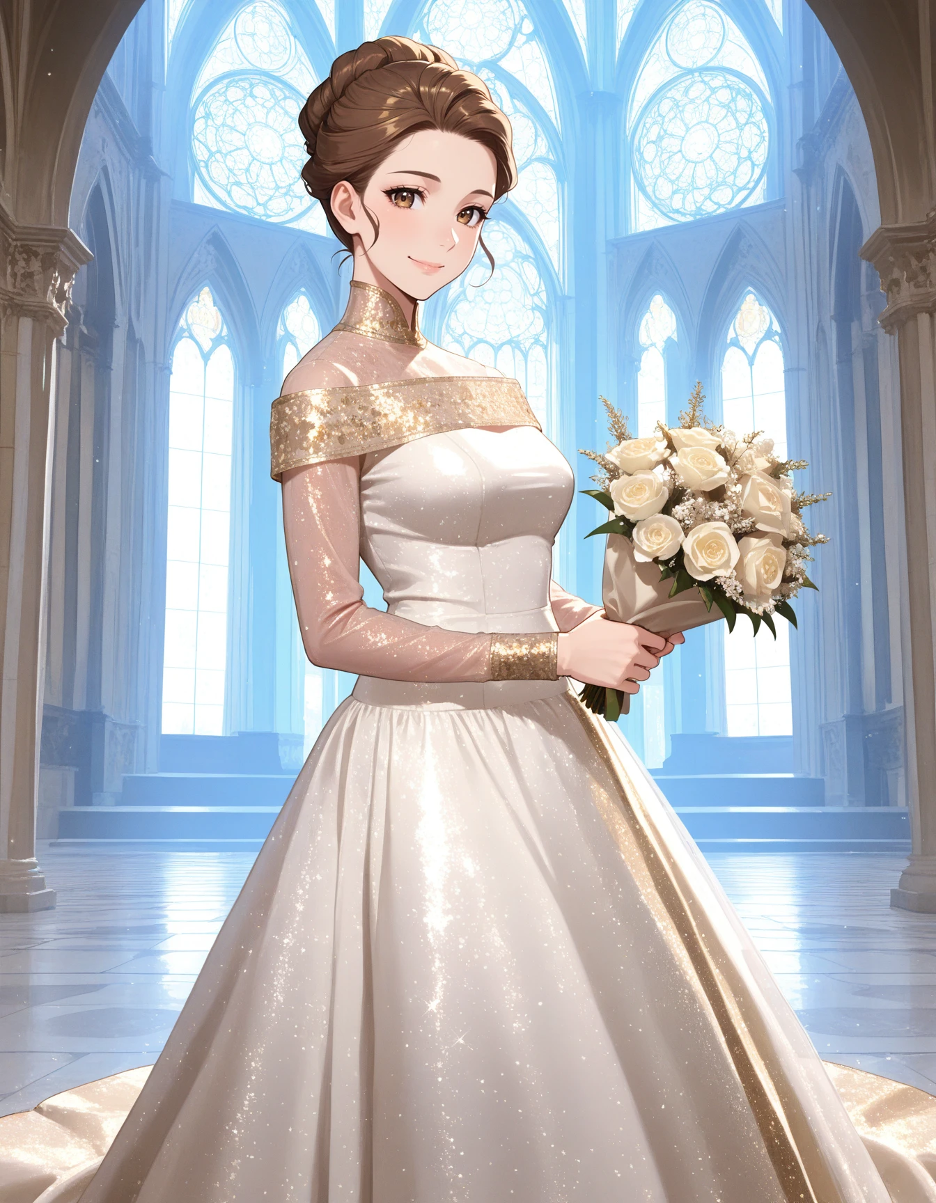 1girl, solo, white dress, gold off-shoulder, updo hair, gold dress, gold trim, high hair, high collar, (patterned clothes), long sleeves, see-through sleeves, lame fabric, glitter clothing, cowboy shot, brown hair, full body, cathedral, holding bouquet, smile <lora:STTNGBride-ILXL2025-08-10_14-20-15-save-659-59-10:1> masterpiece, best quality, very aesthetic, newest
