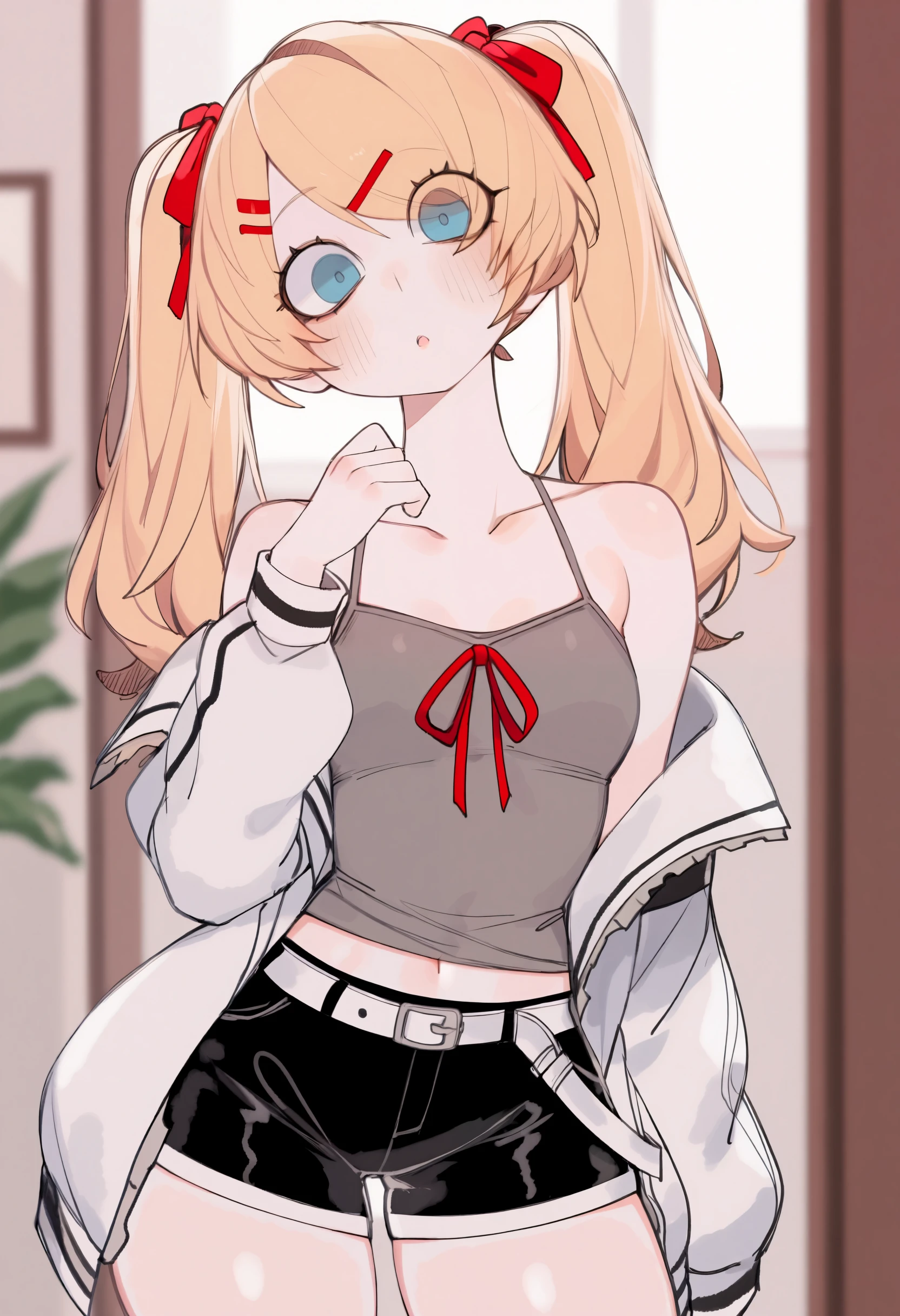 <lora:USA37107692-illustriousXL_v01_V2-CAME>, 1girl, solo, USA3710, depth of field, looking at viewer, blurry background, parted lips, small breasts, hairclip, long sleeves, jacket, white jacket, shorts, hand up, :o, camisole, indoors, head tilt, blurry, belt, collarbone, off shoulder, midriff peek, red ribbon, long hair, navel, blush, twintails, white belt, bare shoulders, open jacket, shirt, swept bangs, black shorts, breasts, ribbon, open clothes, grey shirt, cowboy shot, blue eyes,