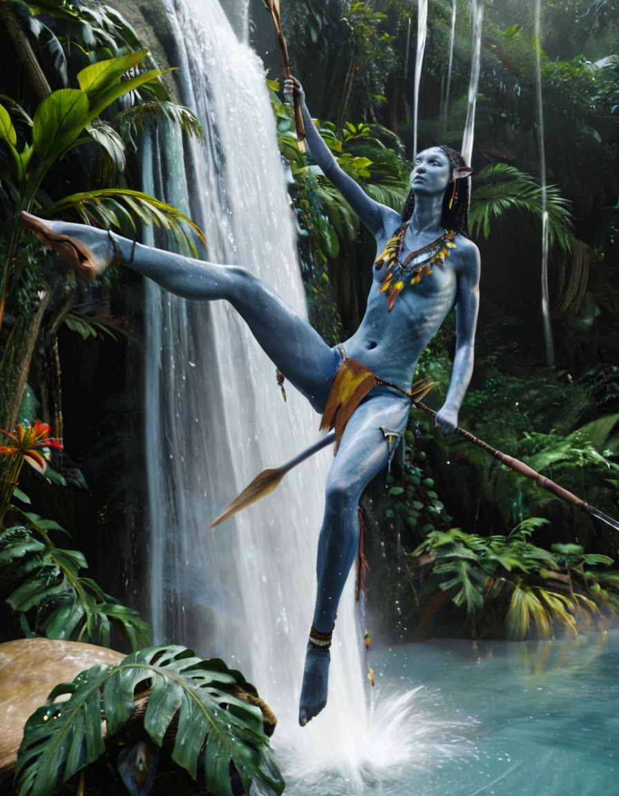 neyt1ri, female, lunging from a waterfall mist, blue skin glistening with water droplets, yellow eyes laser-focused, pointy ears alert, long wet hair whipping mid-air, tribal jewelry clinking, tail coiled for balance, gripping a bone spear, lush jungle river backdrop, motion blur on limbs, 4k hyperrealistic,
, <lora:Neyt1ri_new0003:1>