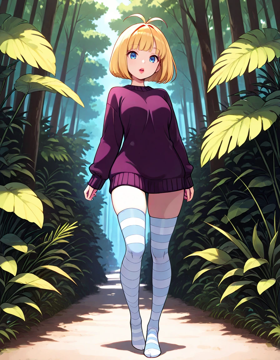 masterpiece, best quality, <lora:tribute_to_sweater_girl:0.8> sweatergirl, 1girl, blue eyes, red lips, hair antenna, blond hair, bob cut hair, bangs, dark purple sweater, stripped tighhighs, no shoes,, parted lips, upper teeth, facing viewer, looking at viewer, open eyes, , full body view, head, , legs, shoes, solo, outdoor, standing,