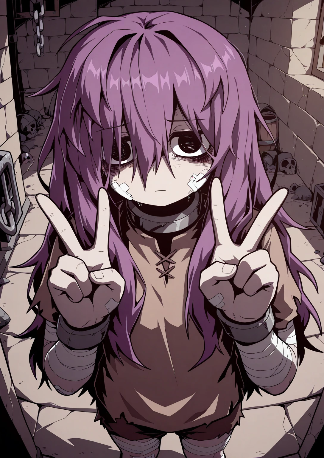 1girl, (solo:1.35), standing, dungeon, V-sign,
BREAK
<lora:Yoon_Hee:0.8>, Yoon Hee, purple hair, long hair, messy hair, hair over eyes, tired eyes, dark circles under eyes, dull eyes, short sleeves, brown shirt, bandages on arms, bandages on legs,  gloomy expression
<lora:illustriousXLv01_stabilizer_v1.165c:0.5>, <lora:cfg_scale_boost:0.5>,, masterpiece, best quality, amazing quality, very aesthetic, absurdres, newest,