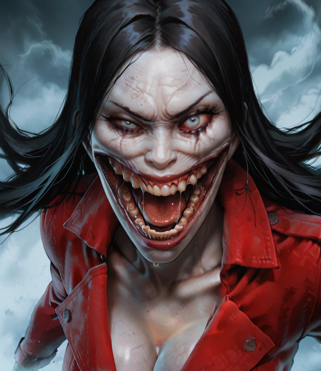 kchskerdxl, red sclera, white eyes, black hair, uneven eyes, extra teeth, running makeup, 
red trench coat, cleavage, open mouth, saliva, furious, 
upper body, looking at viewer, 
night, fog, urban, close up, 
solo, 
(insanely detailed, masterpiece, best quality), <lora:KuchisakeREDxl-12v1-ILL:1>,