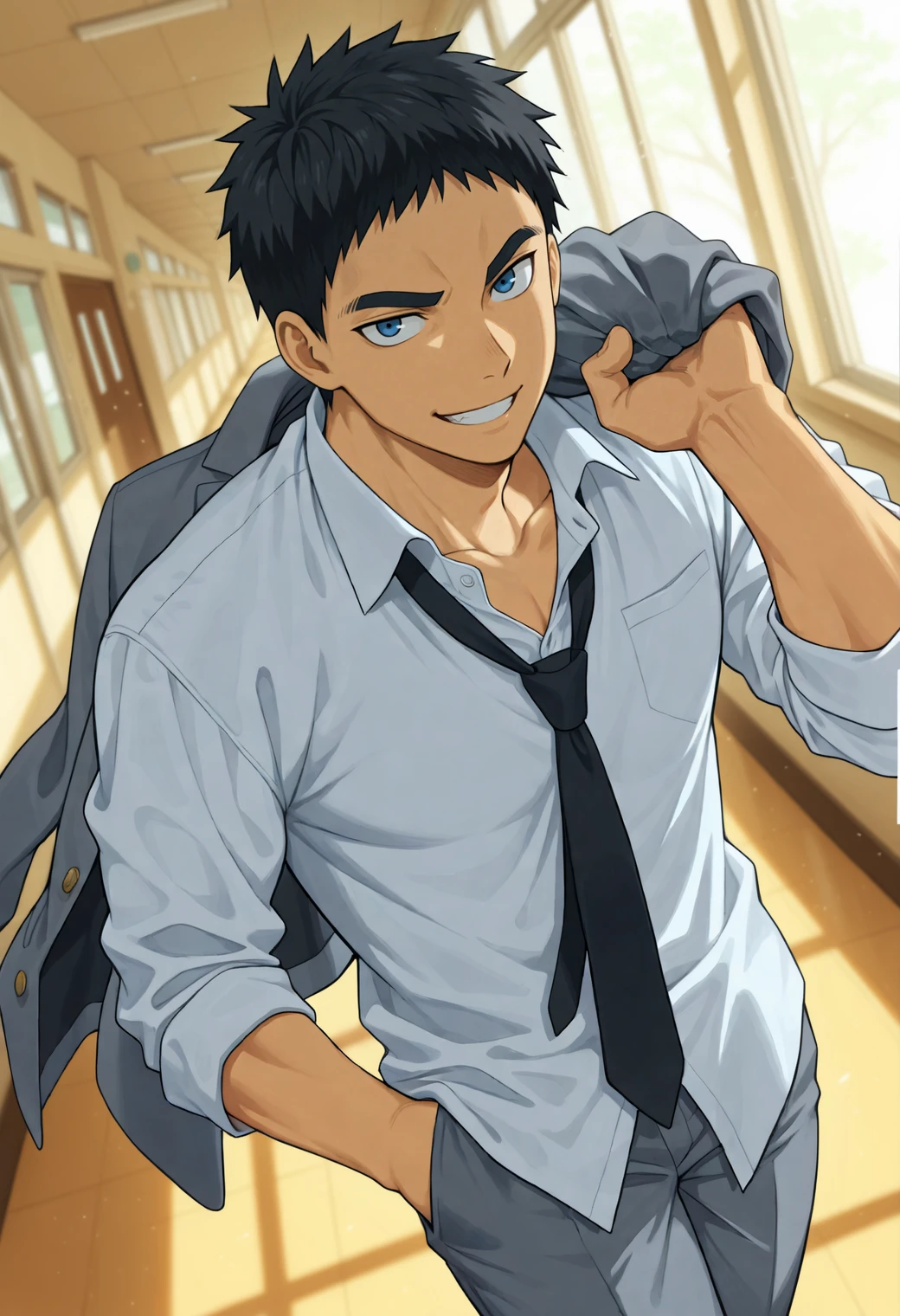masterpiece,best quality,anime coloring,
1boy,toned male,(manly:0.6),
kyuk10,black hair,short hair,blue eyes,thick eyebrows,
grey jacket,white shirt,collared shirt,long sleeves,black necktie,unworn jacket,holding jacket,carrying over shoulder,grey pants,untucked shirt,collarbone,loose necktie,
looking at viewer,grin,
hand in pocket,
(bloom:1.1),
dutch angle,from above,
indoors,hallway,sidelighting,day,school,
depth of field,blurry background,atmospheric perspective,
<lora:kasamatsu_yukio_NAI_EPS_1_1_CAME_v1_rev1:1>,âââ