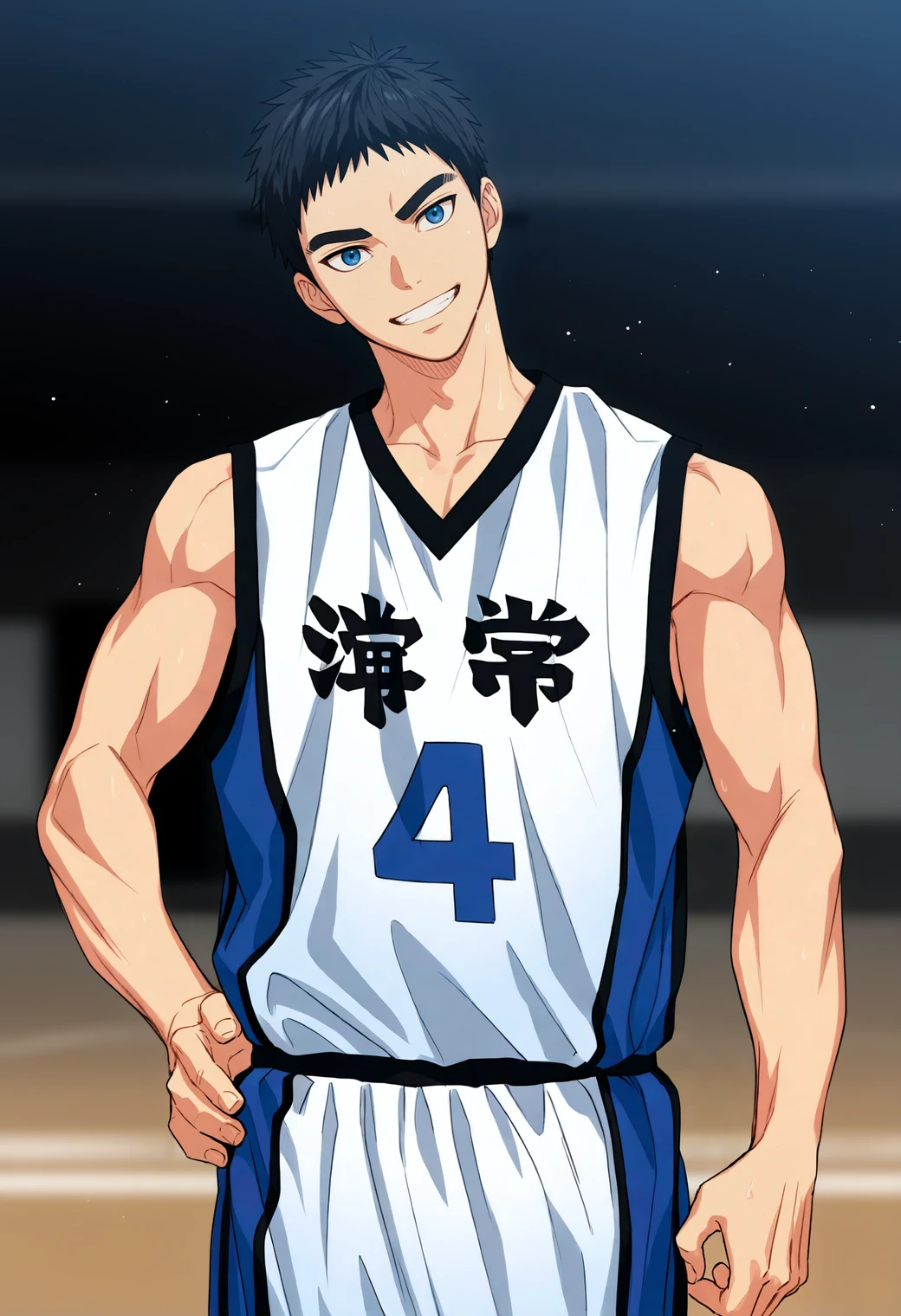 masterpiece,best quality,,
1boy,toned male,(manly:0.6),
kyuk10,black hair,short hair,blue eyes,thick eyebrows,
basketball uniform,collarbone,jersey,white shirt,black trim,v-neck,sleeveless,multicolored shirt,blue trim,bare shoulders,white shorts,number print,clothes writing,
hand on own hip,
looking at viewer,grin,head tilt,
depth of field,blurry background,atmospheric perspective,
<lora:kasamatsu_yukio_NAI_EPS_1_1_CAME_v1_rev1:1>,âââ