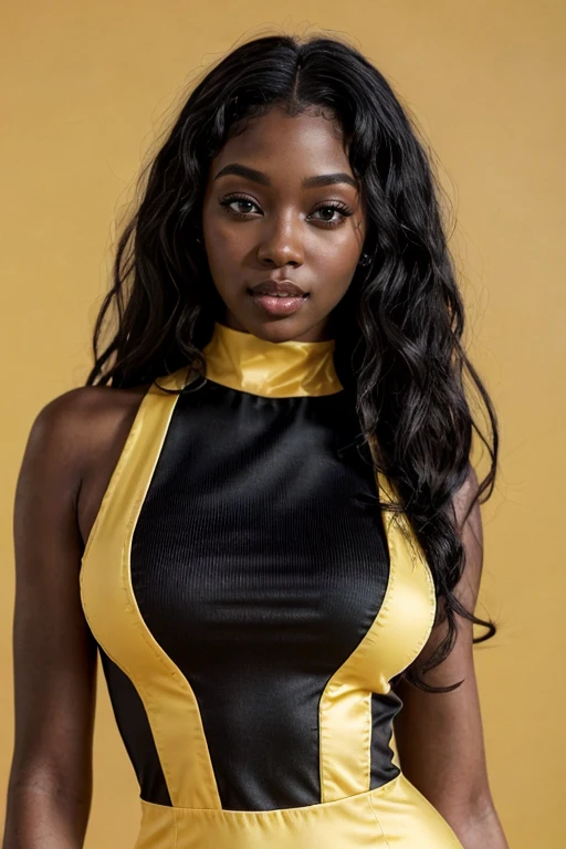 <lora:ebony:.91>, photo of a beautiful Ebony girl, black wavy hair, photoshoot, ( High Neck dress), light yellow background, portrait, volumetric lighting,
