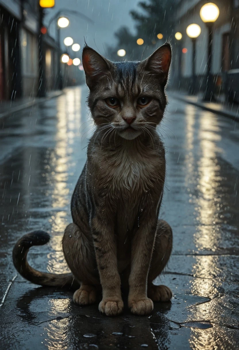 d4rkn355, ultra photo-realistic, highly detailed image of a stray cat with a very sad face, drenched in heavy rain, sitting alone at a dimly lit street corner, fur soaked and clinging to its body, water droplets visible in midair, reflections on wet pavement, moody cinematic atmosphere, expressive eyes filled with emotion, harsh weather lighting casting deep shadows, street lights glowing faintly in the background
