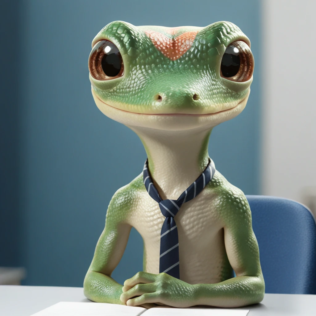 masterpiece, best quality, perfect quality, absurdres, newest, very aesthetic, very awa, g3icogeck, solo, gecko, green scales, anthro, big eyes, slim, reptile humanoid, no humans, 1boy, short, shirtless, tie, brown eyes, office, sitting behind desk, looking at viewer, smile <lora:Geico_Gecko_-_Martin_Commercial:.95>