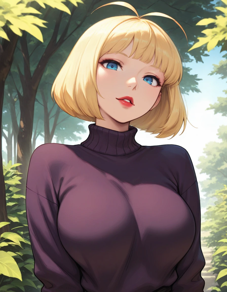 parted lips, gentle smile,  half top body view, looking at viewer, solo,   masterpiece, best quality,  solo, <lora:tribute_to_sweater_girl:0.8> sweatergirl, 1girl, blue eyes, red lips, hair antenna, blond hair, bob cut hair, bangs, dark purple sweater ,