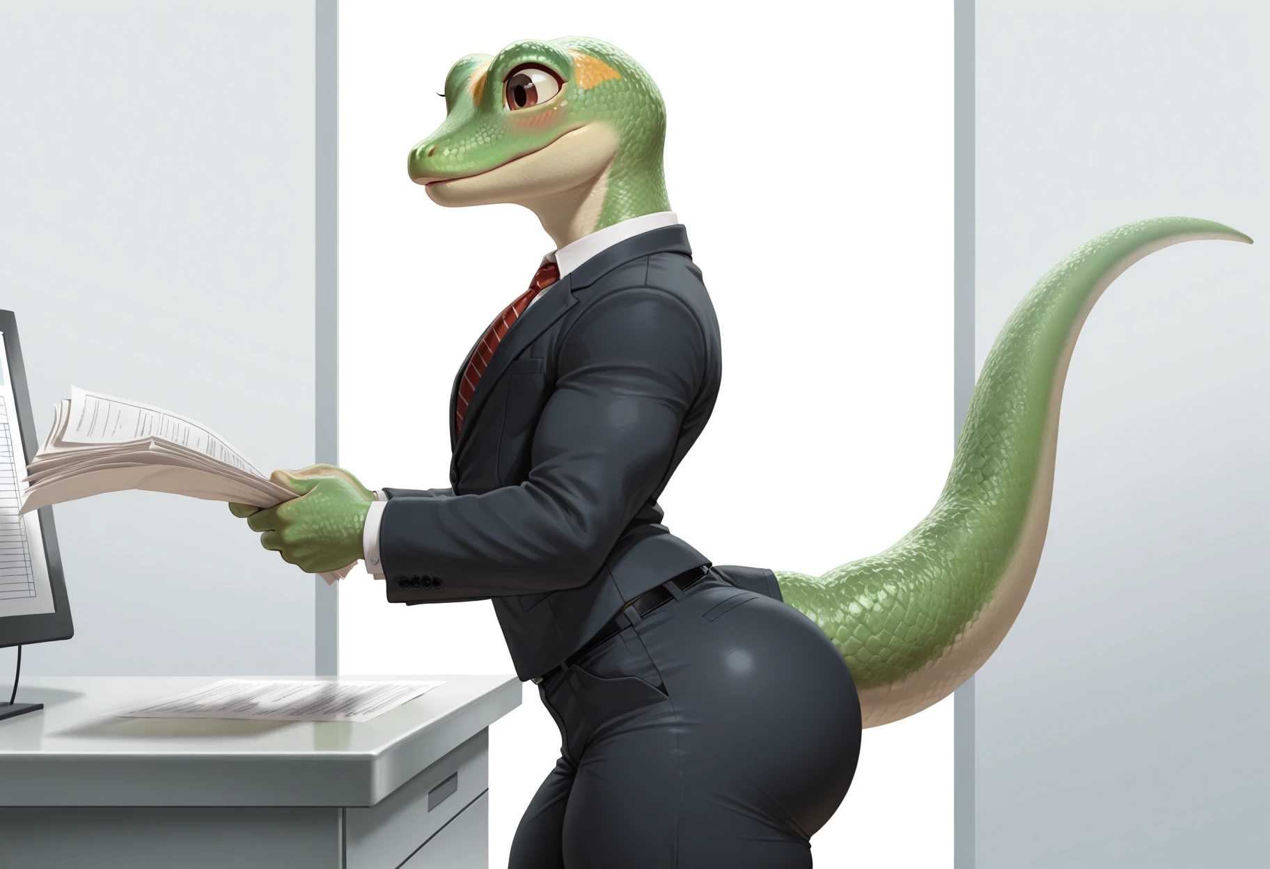 masterpiece, best quality, perfect quality, absurdres, newest, very aesthetic, very awa, g3icogeck, solo, gecko, green scales, anthro, reptile humanoid, no humans, slim, brown eyes, 1boy, hyper thighs, blush, casual suit, pants, break room, holding papers, looking at papers, necktie, muscular, office, tail raised, completely oblivious, thin waist, side view, butt, standing, pecs <lora:Geico_Gecko_-_Martin_Commercial:.9>  <lora:NOOB_vp1_detailer_by_volnovik_v1:1>
