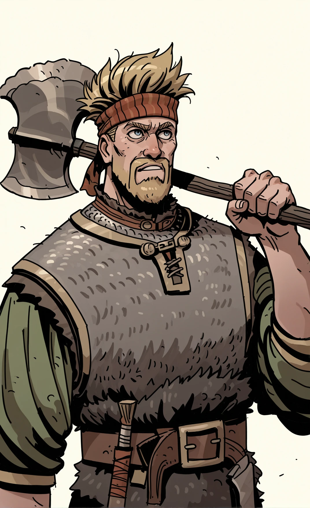 1boy, Thorkell, beard, chainmail armor, belt, headband, short green sleeves, axe over shoulder <lora:Thorkell_Illustrious-000007:0.75>, <lora:hou_jae_Illustrious:0.85>, masterpiece, best quality, newest, absurdres, highres, new