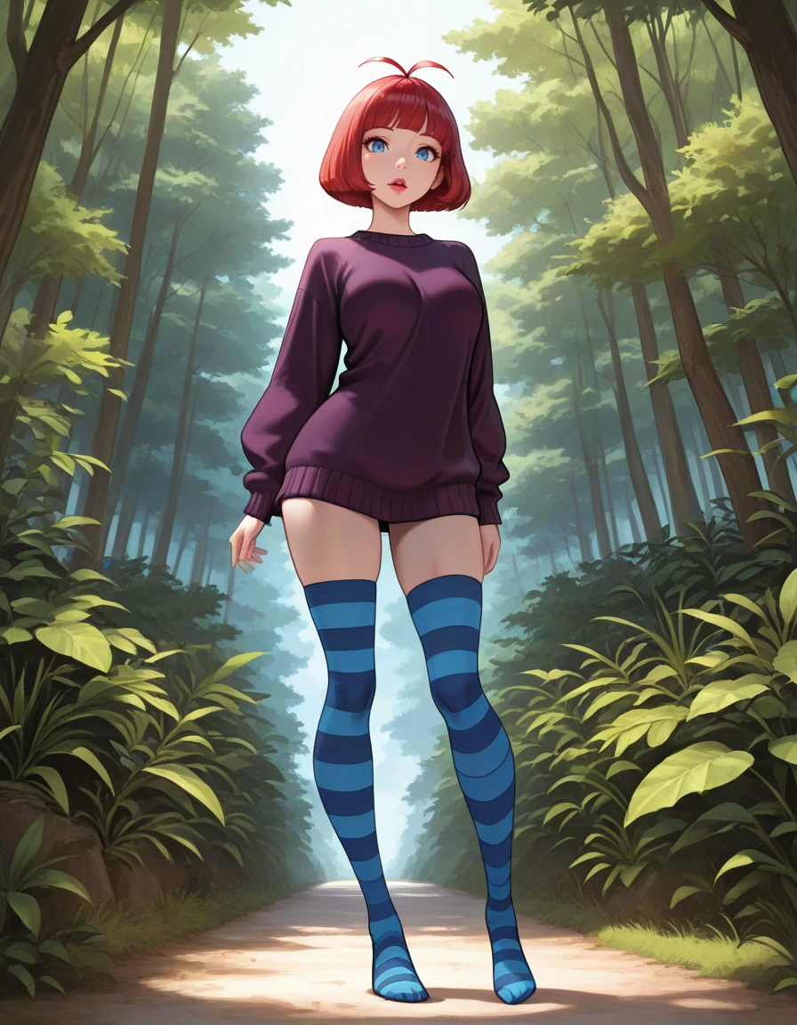 masterpiece, best quality,  solo, <lora:tribute_to_sweater_girl:0.8> sweatergirl, 1girl, blue eyes, red lips, hair antenna, red hair, bob cut hair, bangs, dark purple sweater, stripped tighhighs, no shoes,, parted lips, upper teeth, facing viewer, looking at viewer, open eyes, , full body view, head, , legs, shoes, solo, outdoor, standing,