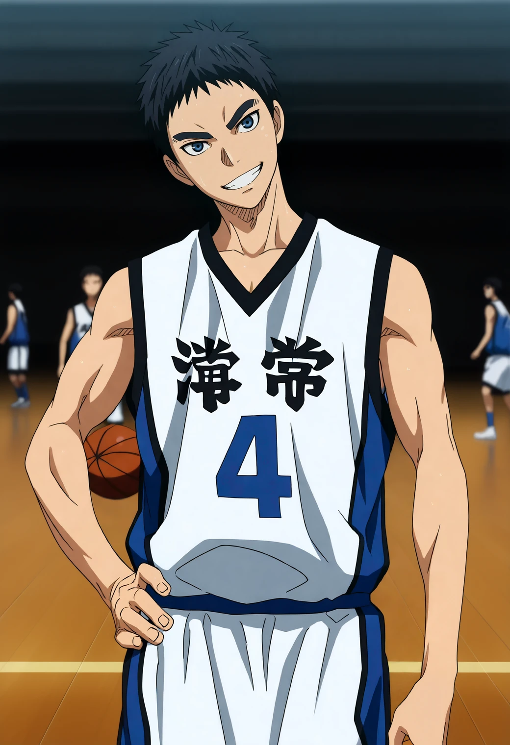 masterpiece,best quality,anime screencap,
1boy,toned male,(manly:0.6),
kyuk10,black hair,short hair,blue eyes,thick eyebrows,
basketball uniform,collarbone,jersey,white shirt,black trim,v-neck,sleeveless,multicolored shirt,blue trim,bare shoulders,white shorts,number print,clothes writing,
hand on own hip,
looking at viewer,grin,head tilt,
depth of field,blurry background,atmospheric perspective,
<lora:kasamatsu_yukio_NAI_EPS_1_1_CAME_v1_rev1:1>,âââ