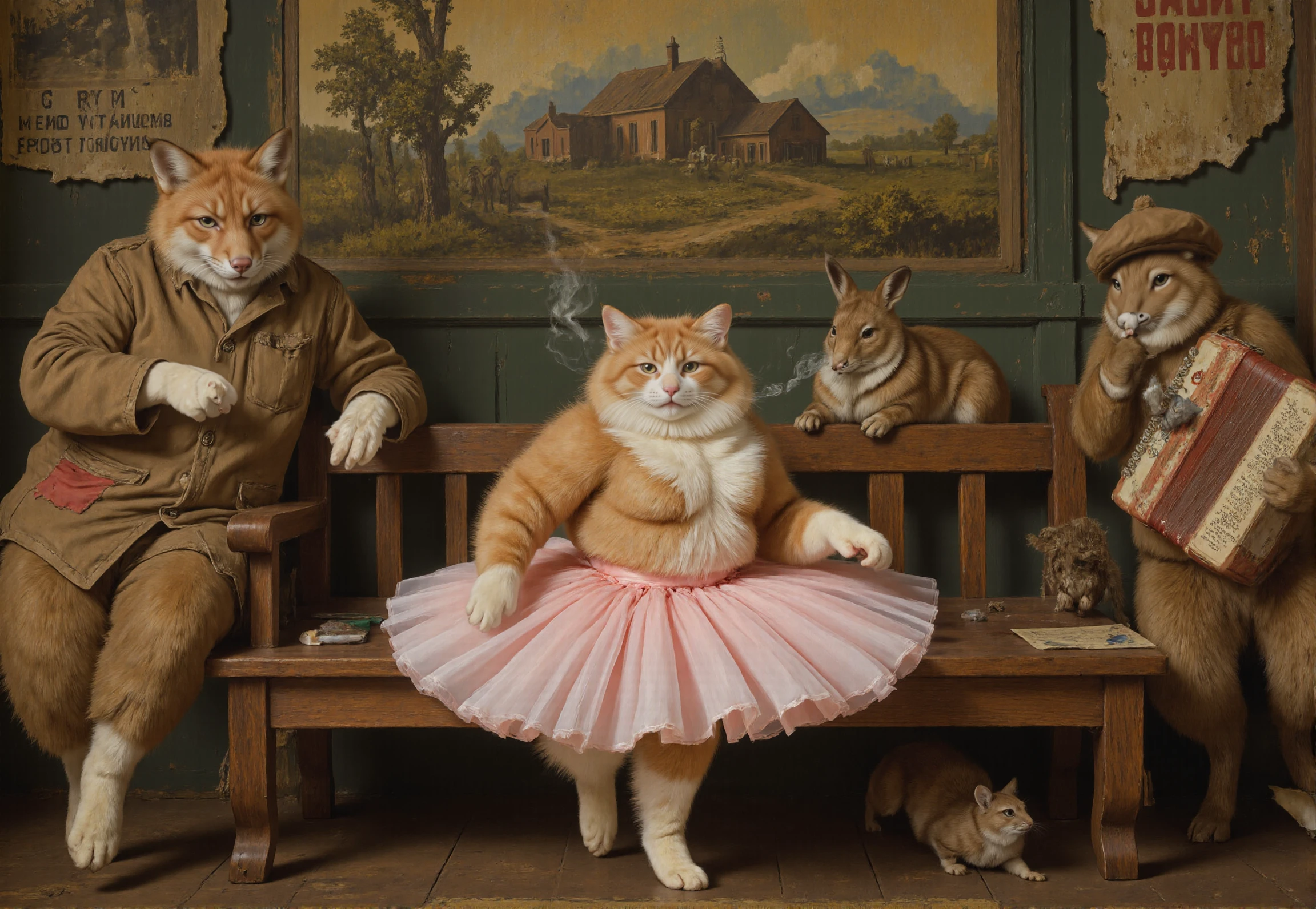 macabre style Rembrandt style <lora:redcat:1>, This high-resolution digital painting masterfully blends Socialist Realism with anthropomorphic satire. At the center, a fluffy Persian cat in a slightly frayed pink ballet tutu sits on a weathered wooden bench outside a collective farmhouse, smoking a hand-rolled papirosa with world-weary elegance. Its gaze, fixed on the horizon, speaks of quiet perseverance in the face of Five-Year Plans and performance quotas.
To the left, a sturdy Red Fox in a patched worker's jacket leans against a fencepost, its intelligent eyes squinting through cigarette smoke as it sharpens a scythe â an exemplary shock worker of the animal proletariat. On the right, a stout Hare in an oversized ushanka hat clutches an accordion, its ears drooping slightly after a long shift at the tractor factory.
The background tells a full Soviet narrative: peeling propaganda posters ("GLORY TO HARDWORKING FOREST COMRADES!"), a rusting "ÐÐÐÐ Ð ÐÐÐÐÐÐÐÐÐ¢Ð¬" sign on the farmhouse, and distant silhouettes of animals bringing in the harvest. The muted palette of socialist realism â ochre, brick red, and industrial greens â unites the scene, while the cat's tutu provides a whimsical counterpoint to the gritty setting.
*Subtle details enrich the allegory:
A mouse peeking from the fox's pocket (class solidarity triumphs over nature!)
The hare's mismatched boots (standard-issue footwear shortages)
A strategically placed copy of "Meowxist-Leninist Theory" beneath the cat's bench*
Style keywords: Soviet poster art, anthropomorphic realism, satirical propaganda, textured brushwork, narrative composition, ironic juxtaposition of bourgeois ballet and proletarian struggle. . Baroque, chiaroscuro, realistic, emotional, "flat lighting, mid body portrait . dark, eerie, grotesque, highly detailed