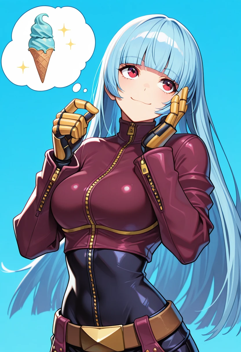 masterpiece, best quality, newest, absurdres, highres , <lora:KulaDiamondIllustrious:1>, KVL4KOF, blue hair, hime cut, blunt bangs, cropped jacket, long sleeves, mechanical hands, black , belt, chaps, zipper, smile, , , 1 girl, solo, blue background, white outlines, thick outlines, hand on own face, thinking, looking up, ice cream, thought bubble, stylized, close up,