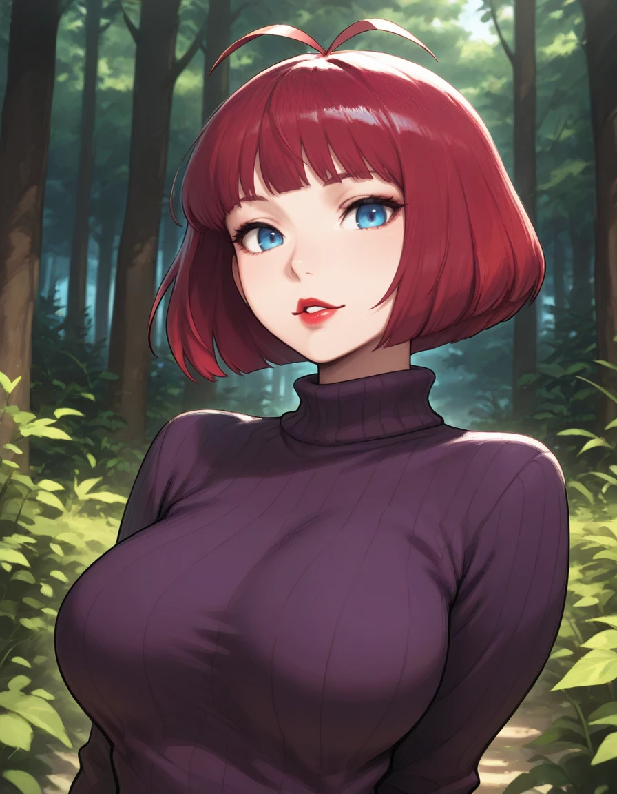 parted lips, gentle smile, half top body view, looking at viewer, solo, masterpiece, best quality, solo, <lora:tribute_to_sweater_girl:0.8> sweatergirl, 1girl, blue eyes, red lips, hair antenna, red hair, bob cut hair, bangs, dark purple sweater ,