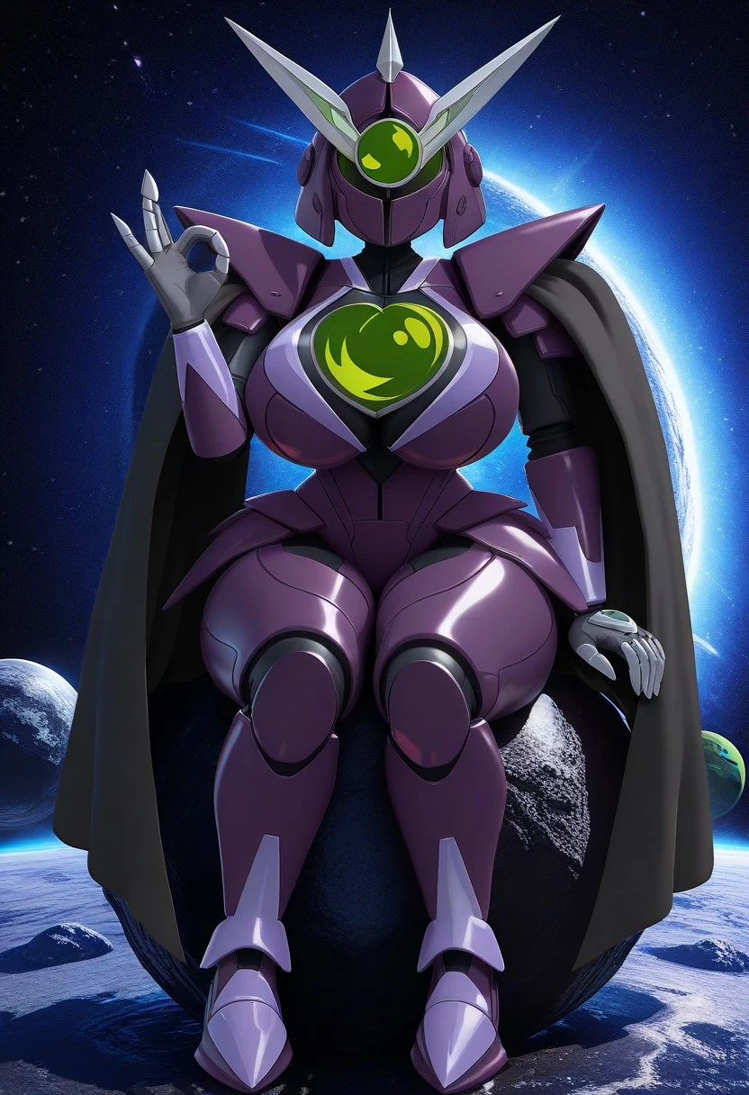 solo female, Dark Oak, purple armor, one eye, large green eye, gray gloves, holding golden sword, tattered black cape, green sphere on chest, sitting on asteroid, space, galaxy, making blowjob gesture with one hand, (3D, high quality, masterpiece, 4K UHD) big breasts, curvy,busty, thick thighs,
