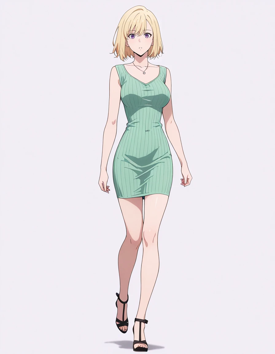 masterpiece,best quality,amazing quality,very aesthetic,high resolution,ultra detailed,perfect details,
simple background,walking,looking at viewer,
1girl,solo,<lora:mai_sexy_green_dress:1>,mai_sexy_green_dress,pencil_dress,ribbed_dress,short_dress,necklace,strappy_heels,
<lora:hae-in-cha-s1s2-illustriousxl-lora-nochekaiser:1>,hae-in cha,blonde hair,purple eyes,short hair,