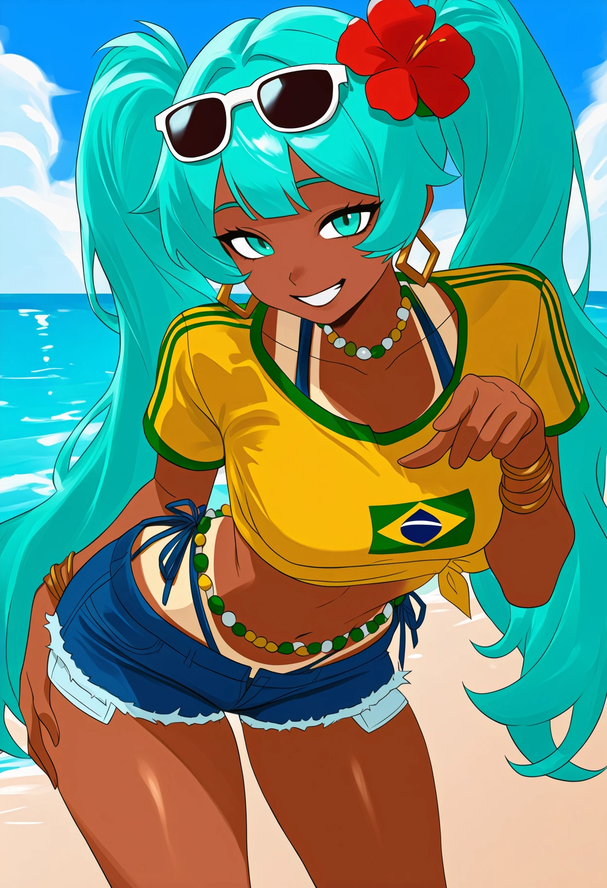 newest, solo, 1girl, dark-skinned female, tanlines, grin, looking at viewer, standing, leaning forward, hand on own thigh, pointing at viewer, aqua hair, twintails, hair flower, sunglasses, eyewear on head, aqua eyes, yellow shirt, cropped shirt, print shirt, brazilian flag print, tied shirt, short sleeves, blue shorts, denim shorts, short shorts, cutoffs, bikini under clothes, highleg bikini, side-tie bikini bottom, beads, hoop earrings, bead necklace, bracelet, collarbone, midriff, navel, outdoors, blue sky, cloud, beach, ocean, water, horizon
<segment:yolo-Anzhc Face seg 640 v3 y11n.pt,0.5,0.5//cid=11>