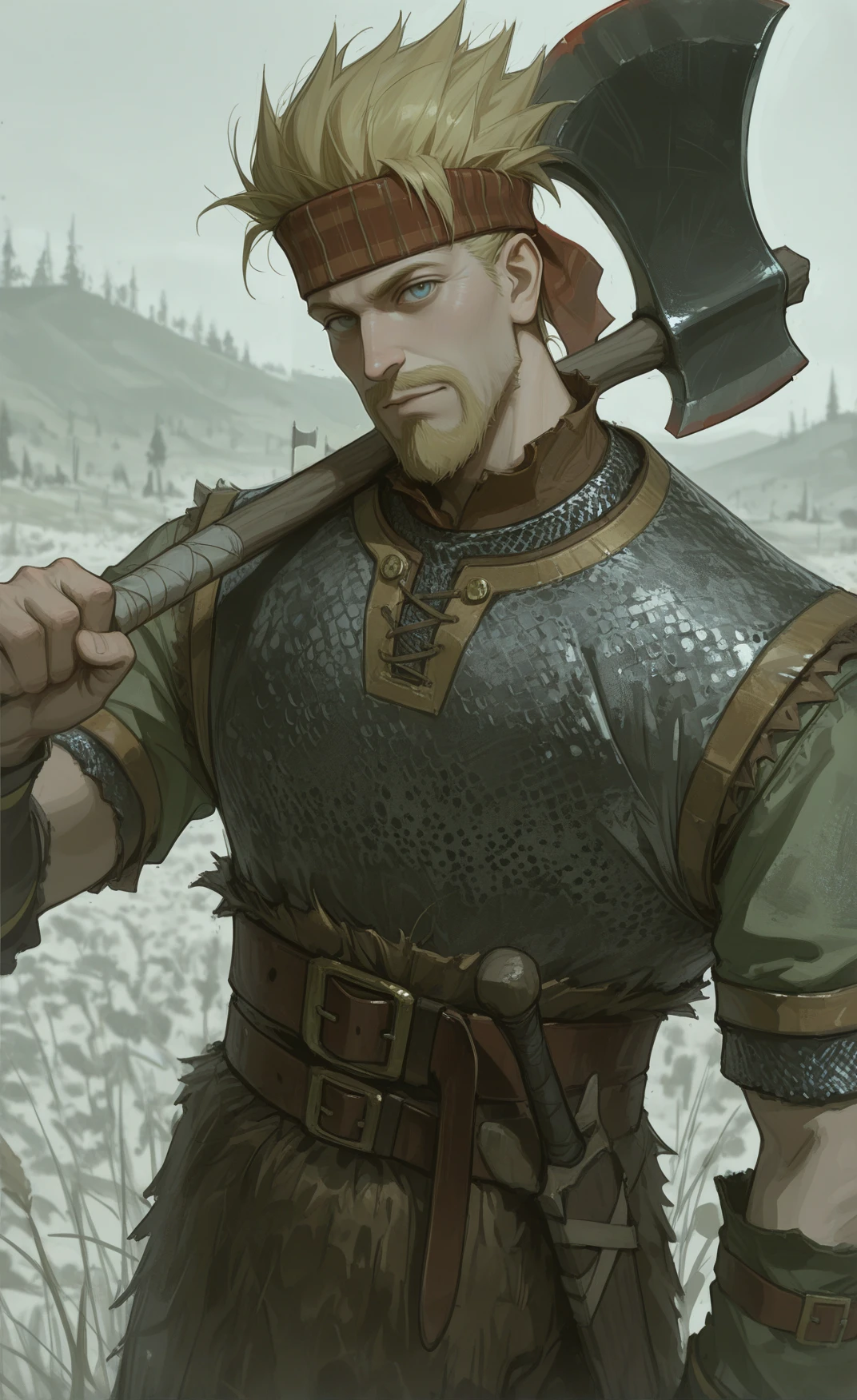 1boy, Thorkell, beard, chainmail armor, belt, headband, short green sleeves, axe over shoulder, looking at viewer <lora:Thorkell_Illustrious-000007:0.75>, usnr, <lora:USNR_STYLE_ILL_V1_lokr3:1>, masterpiece, best quality, newest, absurdres, highres, new