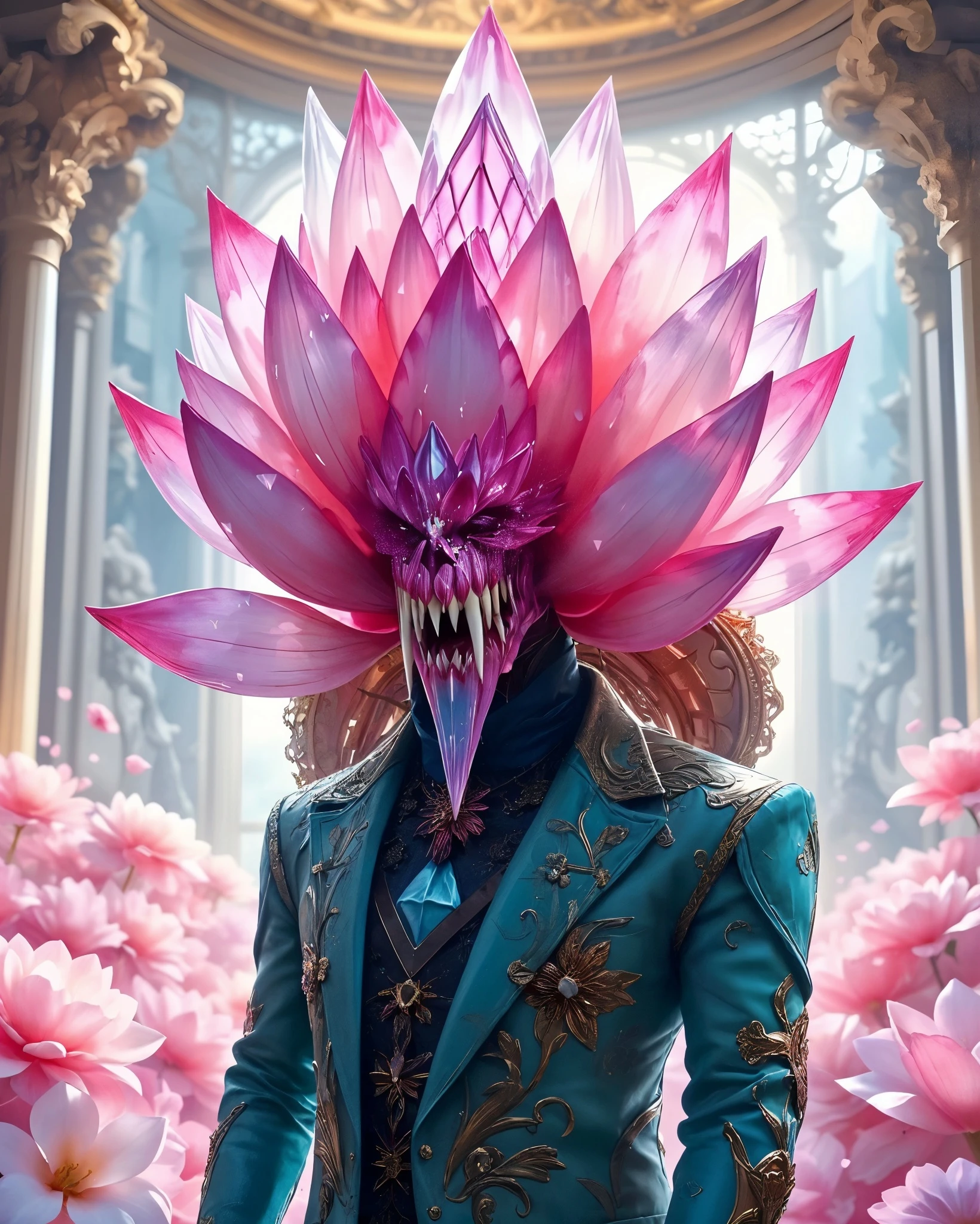 A fantastical figure stands amidst a garden of soft pink flowers, wearing a teal suit adorned with intricate floral designs. The character's head is dramatically transformed into a large, vibrant pink lotus-like flower with sharp, menacing teeth and colorful shards resembling gemstones. The background features classical architecture with soft, natural light filtering through, creating an ethereal atmosphere.