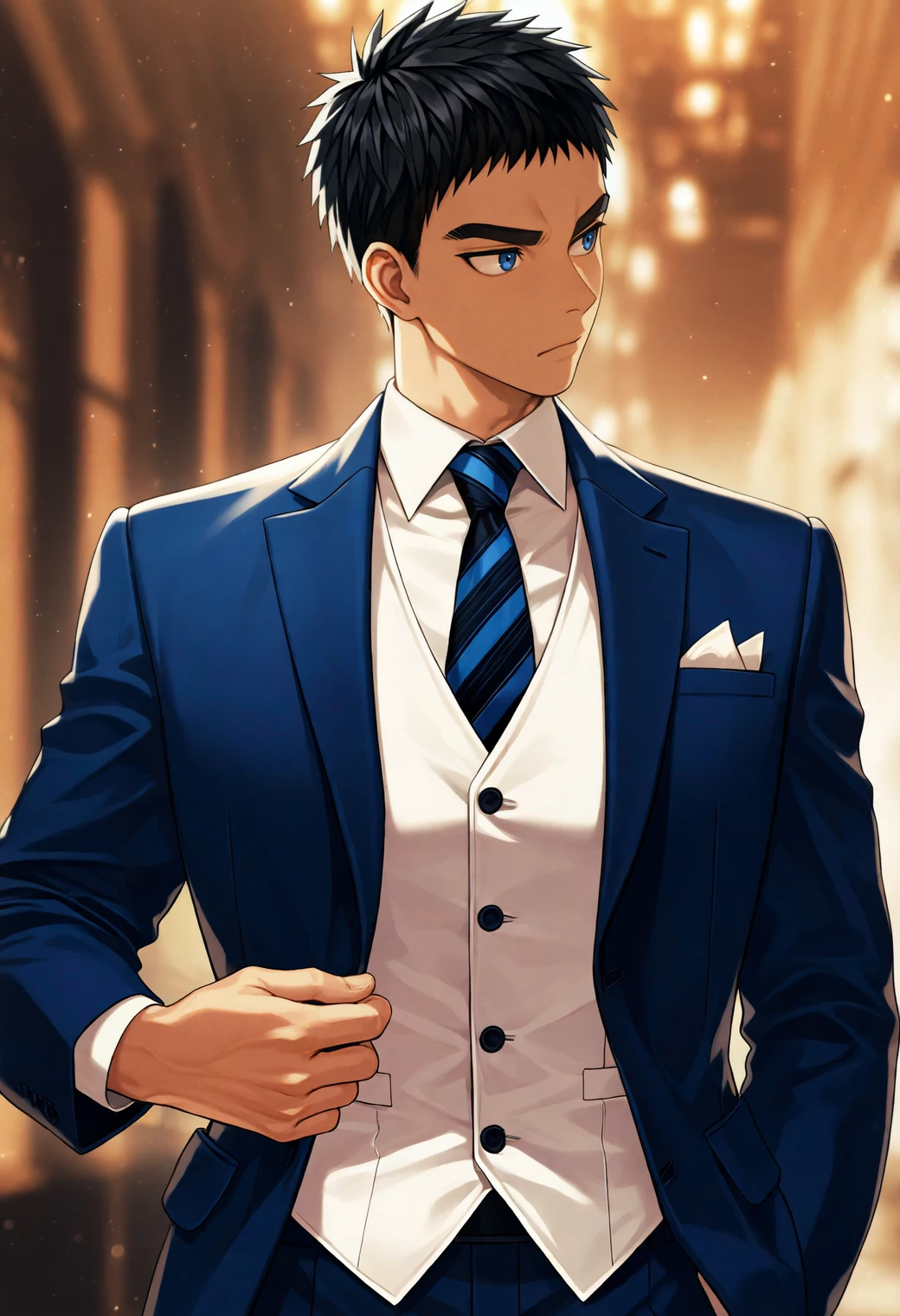 masterpiece,best quality,
1boy,toned male,(manly:0.6),
kyuk10,black hair,blue eyes,short hair,thick eyebrows,
formal,suit,blue jacket,two-tone necktie,blue necktie,black necktie,white vest,open jacket,adjusting clothes,pocket square,
looking to the side,
depth of field,blurry background,atmospheric perspective,
<lora:kasamatsu_yukio_NAI_EPS_1_1_CAME_v1_rev1:1>,âââ