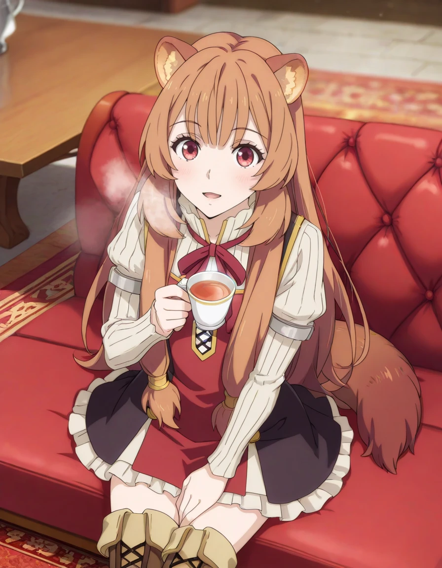 masterpiece, best quality, amazing quality, blurry background,
1girl, solo, sitting, red sofa, from above, drinking tea, steam, table, light smile, looking at viewer, carpet, open mouth,
<lora:raphtalia-tate_no_yuusha_no_nariagari_s2-ixl-anime-soralz:1>, raphtalia (tate no yuusha no nariagari), long hair, animal ears, brown hair, red eyes, sidelocks, hair tubes, tail
casual outfit, white blouse, high collar, neck ribbon, long sleeves, cross-laced cutout, red tunic, frilled skirt, layered skirt, leather boots, thigh boots