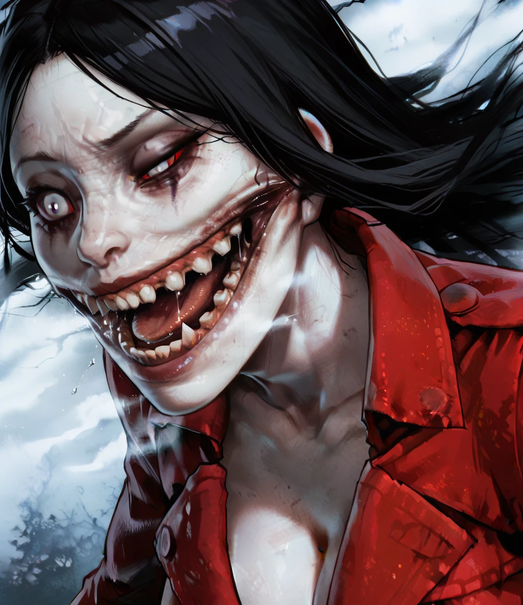 kchskerdxl, red sclera, white eyes, black hair, uneven eyes, extra teeth, running makeup,
red trench coat, cleavage, saliva,
upper body,
night, fog, urban, close up,
solo,
(insanely detailed, masterpiece, best quality), <lora:KuchisakeREDxl-12v1-ILL:1>,