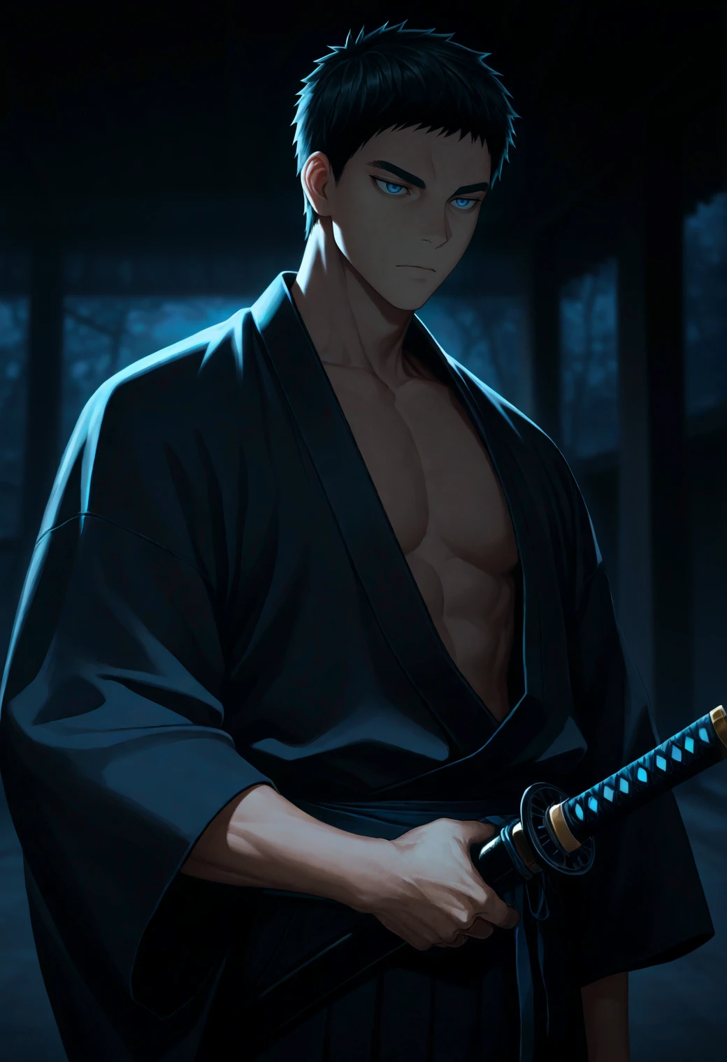 masterpiece,best quality,
1boy,toned male,(manly:0.6),solo,
kyuk10,black hair,blue eyes,short hair,thick eyebrows,glowing eyes,
japanese clothes,sheathed,katana,dark,chiaroscuro,hand on hilt,
expressionless,
depth of field,blurry background,atmospheric perspective,
<lora:kasamatsu_yukio_NAI_EPS_1_1_CAME_v1_rev1:1>,âââ