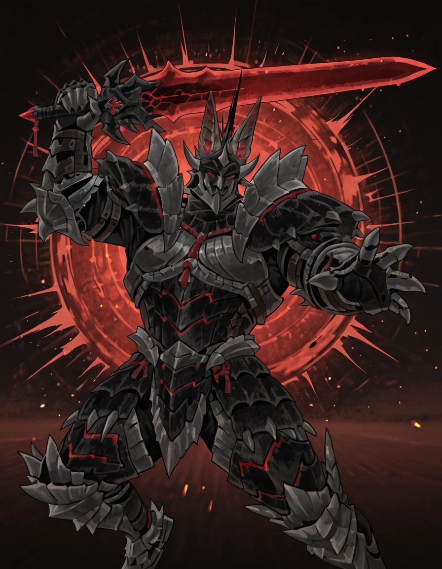 <lora:zinogerArmor-000009:1> helmet, armor, black armor, animal ears, broad shoulders, red eyes, horns sword, dynamic pose, <lora:[PCrow] Prison Break ArtistCG Style Illustrious:1> prisonbreakil, male focus ....