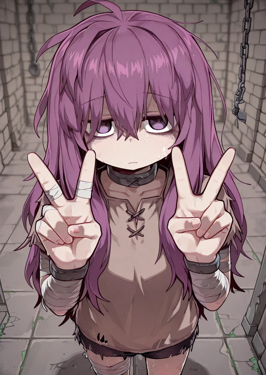 1girl, (solo:1.35), standing, dungeon, V-sign,
BREAK
<lora:Yoon_Hee:0.8>, Yoon Hee, purple hair, long hair, messy hair, hair over eyes, tired eyes, dark circles under eyes, dull eyes, short sleeves, brown shirt, bandages on arms, bandages on legs,  gloomy expression
<lora:illustriousXLv01_stabilizer_v1.165c:0.5>, <lora:cfg_scale_boost:0.5>,   <lora:Wagashi:1> Wagashi_(Dagashiya),, masterpiece, best quality, amazing quality, very aesthetic, absurdres, newest,