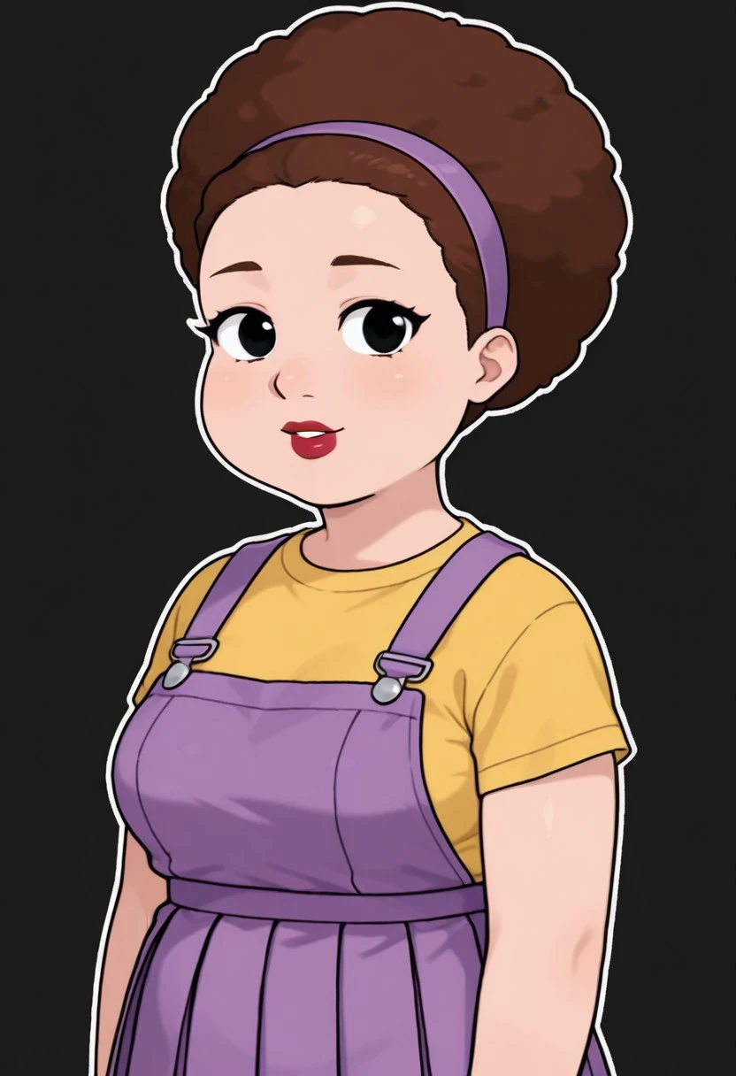 score_9, score_8_up, 1girl, solo, black background, white outline, looking at viewer,
(Ruth.1.8), brown hair, black eyes, red lips, chubby body, afro, purple hairband, t-shirt, yellow shirt, short sleeve shirt, , parted lips, smile, purple overall dress, pleated dress,