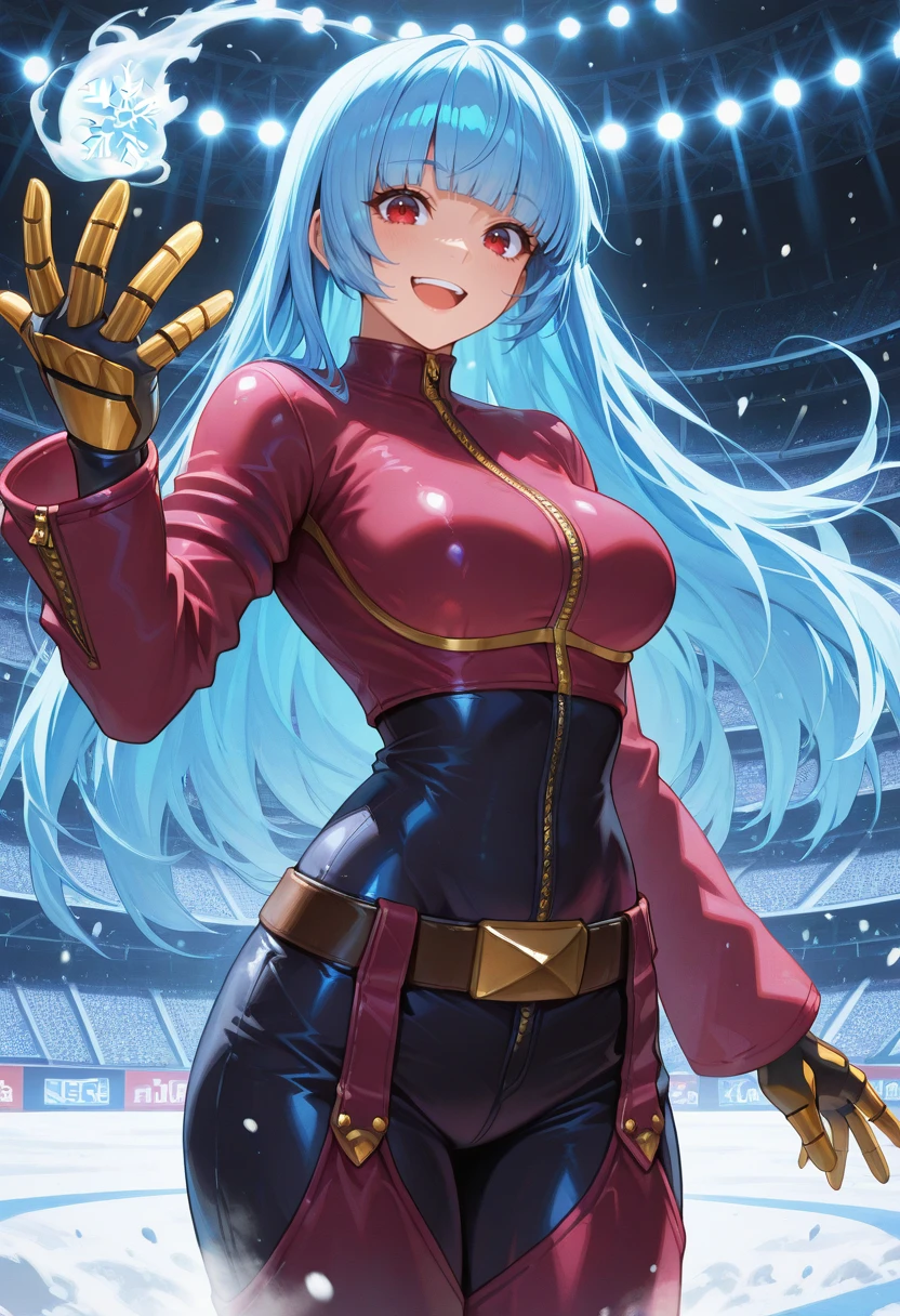 masterpiece, best quality, newest, absurdres, highres , <lora:KulaDiamondIllustrious:1>, KVL4KOF, blue hair, hime cut, blunt bangs, cropped jacket, long sleeves, mechanical hands, black , belt, chaps, zipper, smile, stadium, , 1 girl, solo, stadium, stage lights, looking at viewer, red eyes, long hair, open mouth,  red eyes,  snow aura,  close up, open hand, snowflake,
