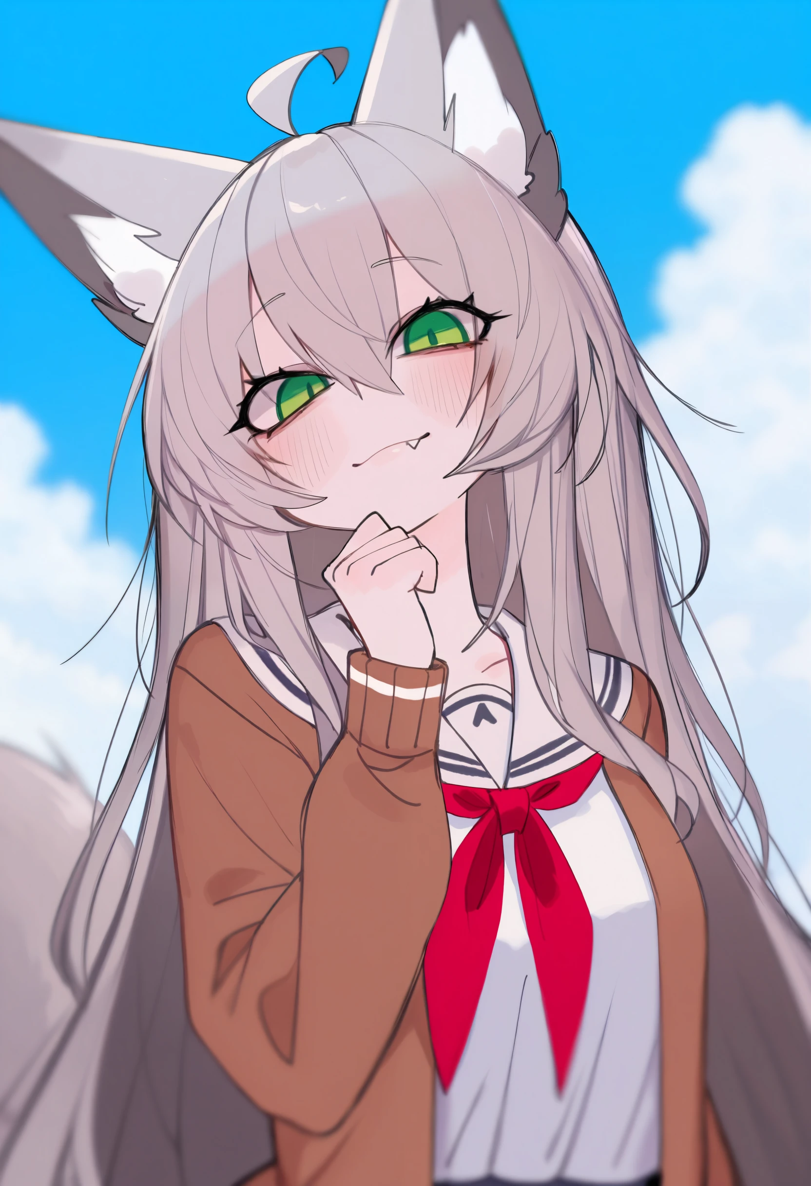 <lora:USA37107692-illustriousXL_v01_V2-CAME>, 1girl, solo, USA3710, depth of field, upper body, blue sky, blush, virtual youtuber, fox ears, tail, fox tail, very long hair, shirt, day, fang out, neckerchief, sailor collar, blurry, smile, open clothes, fang, blurry background, green eyes, white sailor collar, closed mouth, red neckerchief, white shirt, outdoors, school uniform, hair between eyes, long hair, ahoge, cloudy sky, brown jacket, grey hair, hand up, long sleeves, cloud, jacket, sky, open jacket, blurry foreground, fox girl, looking at viewer, serafuku,
