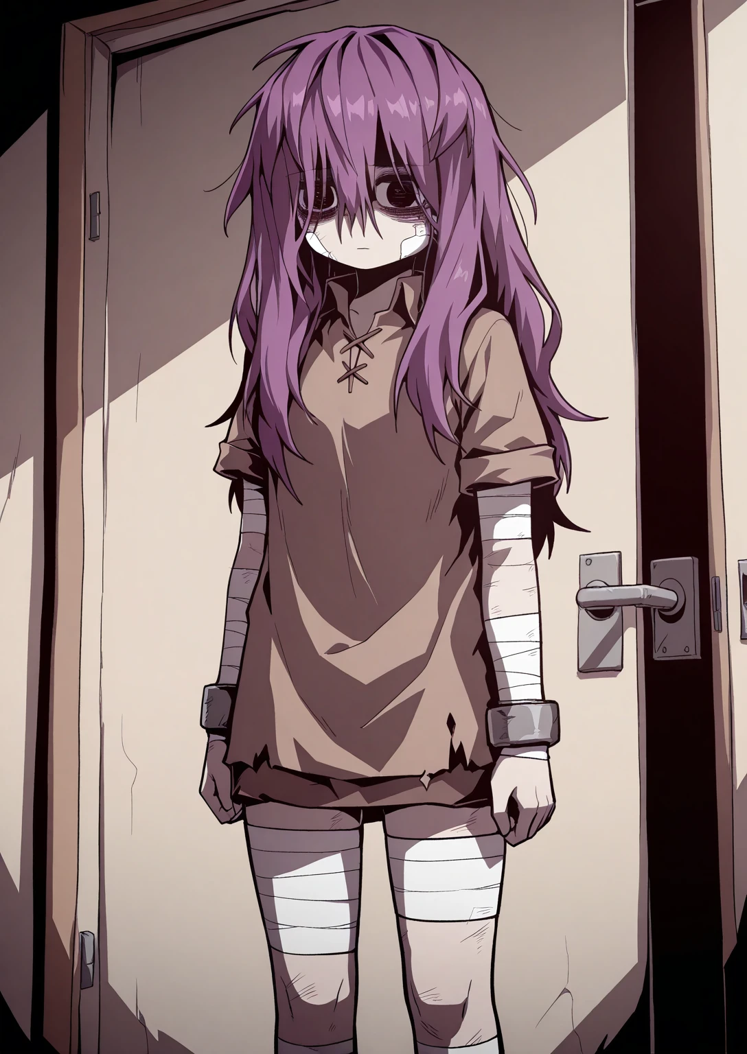 1girl, (solo:1.35), standing, dungeon
BREAK
<lora:Yoon_Hee:0.8>, Yoon Hee, purple hair, long hair, messy hair, hair over eyes, tired eyes, dark circles under eyes, dull eyes, short sleeves, brown shirt, bandages on arms, bandages on legs,  gloomy expression
<lora:illustriousXLv01_stabilizer_v1.165c:0.5>, <lora:cfg_scale_boost:0.5>,, masterpiece, best quality, amazing quality, very aesthetic, absurdres, newest,