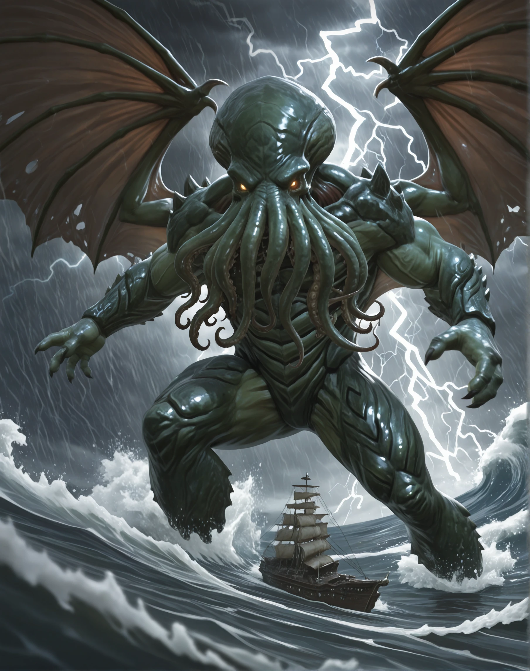 perfect anatomy, masterpiece, perfect quality, best quality, amazing quality, detailed, newest, very aesthetic, dynamic pose,
(((depth of field))), overcast, dark clouds, storm, ((ocean)), waves, rough water, lightning, ((giant)), massive, small pirate ship, attacking ship, dark, flash of lightning, in water, partially submerged,
cthu1hu, eldritch abomination, lovecraft, monster, creature, horror (theme), face tentacles, tentacles, wings, claws, muscular, glowing, glowing eyes, green skin, plated body, octopus head, shoulder spikes, arm spikes, green skin,
<lora:Cthulhu for Illustrious:0.75>