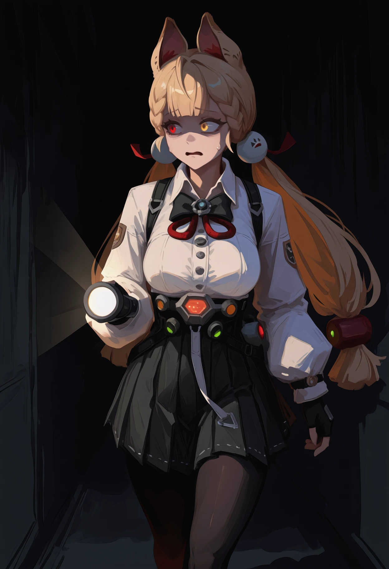 newest, painterly, solo, 1girl, al1c3def, sweatdrop, scared, looking away, walking, holding flashlight, long hair, blonde hair, low twintails, braid, hair bobbles, hair ribbon, red ribbon, animal ears, heterochromia, red eyes, yellow eyes, white shirt, collared shirt, shirt tucked in, shoulder strap, black bowtie, puffy long sleeves, black gloves, fingerless gloves, black skirt, pleated skirt, high-waist skirt, underbust, black belt, black pantyhose, dark background, hallway
<segment:yolo-Anzhc Face seg 640 v3 y11n.pt,0.5,0.5//cid=11>