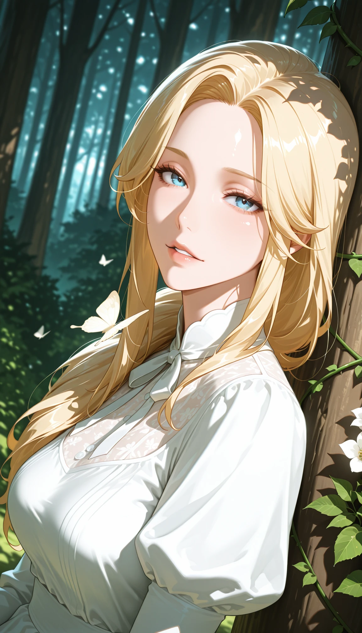 masterpiece, best quality, amazing quality, 4k, very aesthetic, high resolution, ultra-detailed, absurdres, newest, scenery, mature face, sharp face, long face, (dappled sunlight:1.2), rim light, backlit, dramatic shadow, 1girl, long blonde hair, blue eyes, parted lips, medium breasts, puffy sleeve white dress, forest, flowers, white butterfly, looking at viewer, leaning side against tree, vines, green, arms, upper body, close-up, dutch angle, shiny skin, BREAK, dramatic shadow, depth of field, vignetting, volumetric lighting