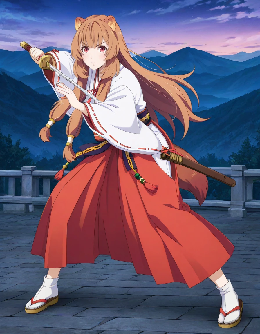 masterpiece, best quality, amazing quality, detailed background,
1girl, solo, looking at viewer, fighting stance, standing, holding sword, wind blowing, intense stare, evening, serious expression, mountainous horizon, cloud, , night,
<lora:raphtalia-tate_no_yuusha_no_nariagari_s2-ixl-anime-soralz:1>, raphtalia (tate no yuusha no nariagari), long hair, animal ears, brown hair, red eyes, sidelocks, hair tubes, tail,
miko outfit, japanese clothes, white kimono, ribbon, tassel, red bow, long sleeves, wide sleeves, hakama skirt, rope, bobbles, tabi, zouri