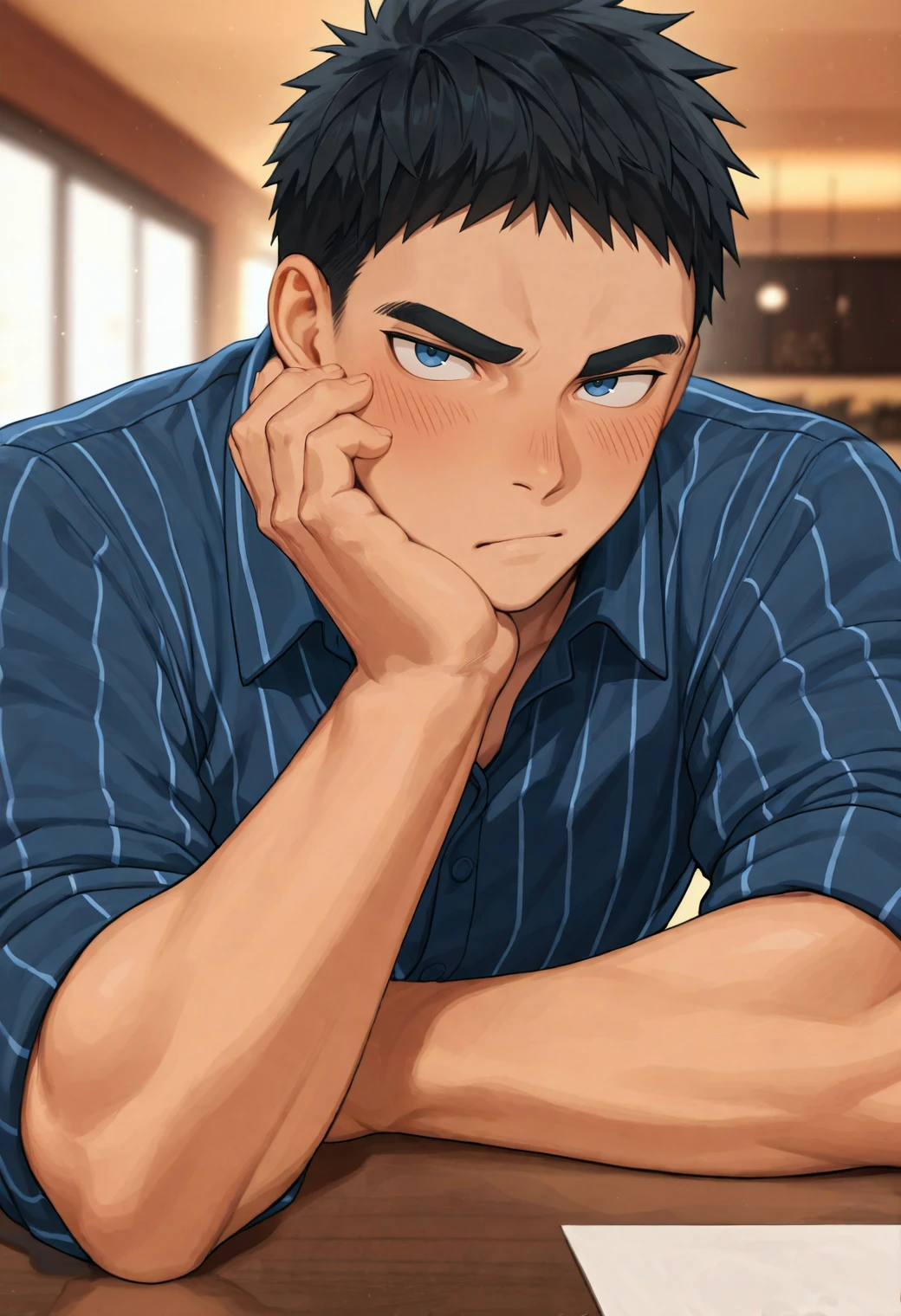 masterpiece,best quality,
1boy,toned male,(manly:0.6),
kyuk10,black hair,blue eyes,short hair,thick eyebrows,
collared shirt,blue shirt,striped shirt,vertical-striped clothes,
looking at viewer,arm rest,head rest,
pov across table,blush,
depth of field,blurry background,atmospheric perspective,
<lora:kasamatsu_yukio_NAI_EPS_1_1_CAME_v1_rev1:1>,âââ