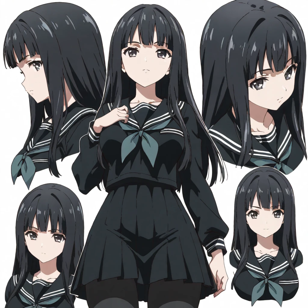 solo,masterpiece,high score,great score,absurdres,anime coloring,looking at viewer,<lora:character_Sheet_XL:0.5> character sheet, multiple views, white background,<lora:RinneByakuya ag4o:1> rinnebyakuya, black hair, long hair, black eyes,serafuku,skirt,pantyhose,