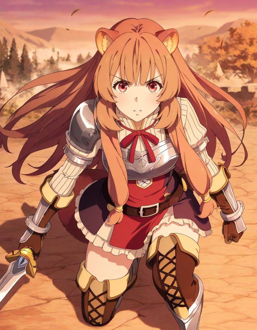masterpiece, best quality, amazing quality, detailed background,
1girl, solo, looking at viewer, battle ready, charging, defending, fighting stance, sword raised, wind blowing, intense stare, evening, forrest, holding weapon, sword, from above, on one knee,
<lora:raphtalia-tate_no_yuusha_no_nariagari_s2-ixl-anime-soralz:1>, raphtalia (tate no yuusha no nariagari), long hair, animal ears, brown hair, red eyes, sidelocks, hair tubes, tail,
combat outfit 2, armor, white blouse, high collar, neck ribbon, single pauldron, breastplate, long sleeves, metal wrist cuffs, armored gloves, cross-laced cutout, red tunic, belt, frilled skirt, layered skirt, leather boots, armored boots, thigh boots