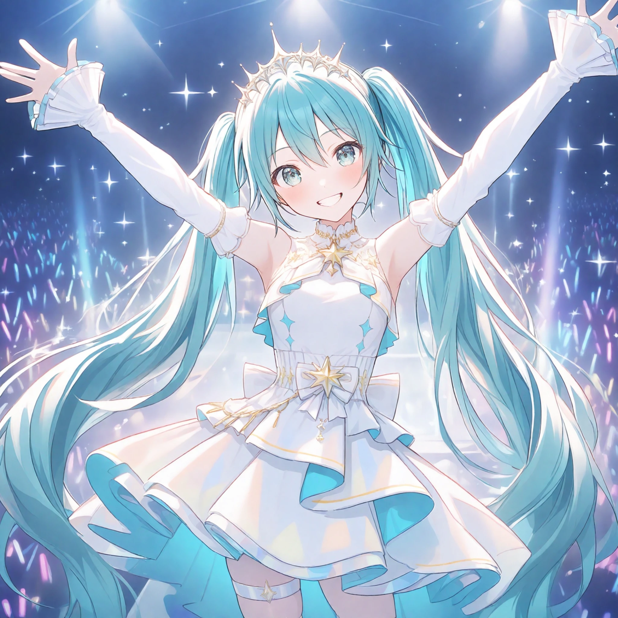 nijistyle, 1girl, (hatsune miku:0.2), project sekai, solo, 
sdmk, twintails, aqua hair, aqua eyes, :D, detailed eyes, upper body shot, face focus, 
looking at viewer, grin, head tilt, standing, contrapposto, arms up, waving, 
white dress, detached sleeves,  shoulders, tiara, sleeveless dress, sleeves past wrists, , white sleeves, high-low skirt, star ornament, thighhighs, thigh strap, 
dark, stage, stage light, 
masterpiece, best quality, amazing quality, very aesthetic, highres, ultra detailed,
<lora:hand 5.5:1>, <lora:ObIL-style-nijistyle02:0.8>, <lora:ObIL-vs-SunshineDream01:0.6>