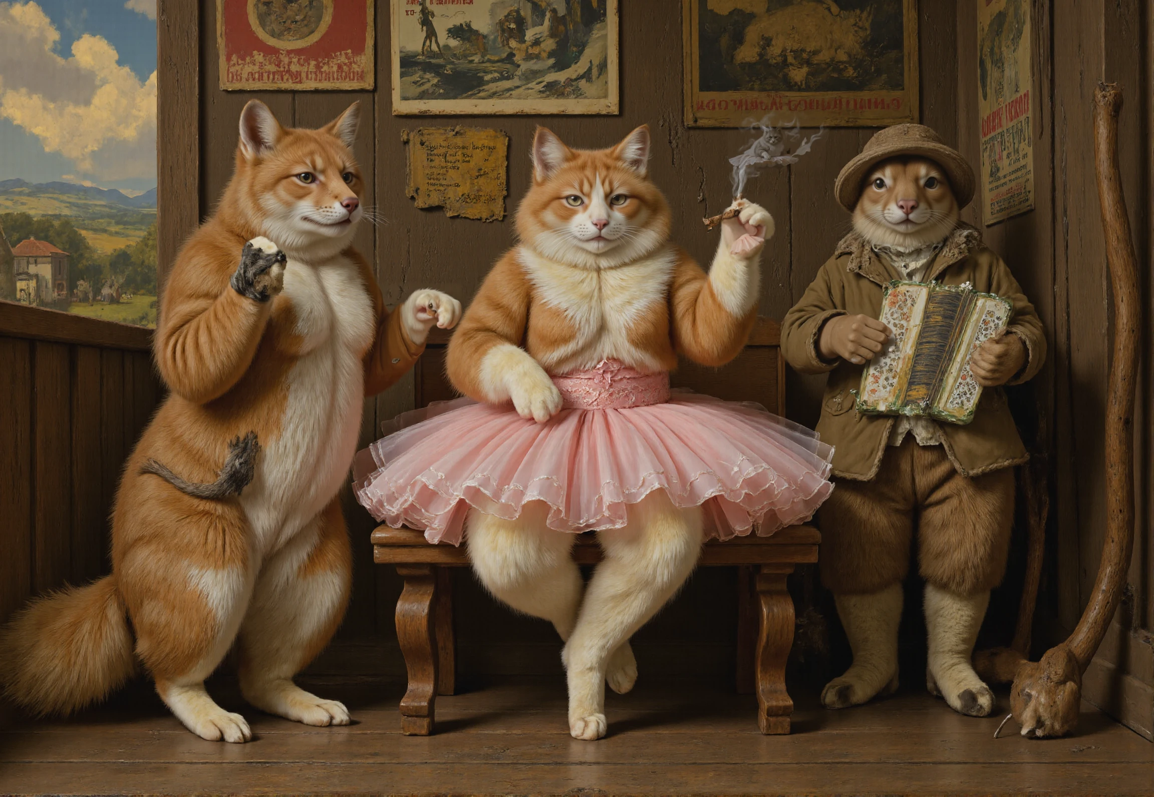 macabre style Rembrandt style <lora:redcat:1>, This high-resolution digital painting masterfully blends Socialist Realism with anthropomorphic satire. At the center, a fluffy Persian cat in a slightly frayed pink ballet tutu sits on a weathered wooden bench outside a collective farmhouse, smoking a hand-rolled papirosa with world-weary elegance. Its gaze, fixed on the horizon, speaks of quiet perseverance in the face of Five-Year Plans and performance quotas.
To the left, a sturdy Red Fox in a patched worker's jacket leans against a fencepost, its intelligent eyes squinting through cigarette smoke as it sharpens a scythe â an exemplary shock worker of the animal proletariat. On the right, a stout Hare in an oversized ushanka hat clutches an accordion, its ears drooping slightly after a long shift at the tractor factory.
The background tells a full Soviet narrative: peeling propaganda posters ("GLORY TO HARDWORKING FOREST COMRADES!"), a rusting "ÐÐÐÐ Ð ÐÐÐÐÐÐÐÐÐ¢Ð¬" sign on the farmhouse, and distant silhouettes of animals bringing in the harvest. The muted palette of socialist realism â ochre, brick red, and industrial greens â unites the scene, while the cat's tutu provides a whimsical counterpoint to the gritty setting.
*Subtle details enrich the allegory:
A mouse peeking from the fox's pocket (class solidarity triumphs over nature!)
The hare's mismatched boots (standard-issue footwear shortages)
A strategically placed copy of "Meowxist-Leninist Theory" beneath the cat's bench*
Style keywords: Soviet poster art, anthropomorphic realism, satirical propaganda, textured brushwork, narrative composition, ironic juxtaposition of bourgeois ballet and proletarian struggle. . Baroque, chiaroscuro, realistic, emotional, "flat lighting, mid body portrait . dark, eerie, grotesque, highly detailed