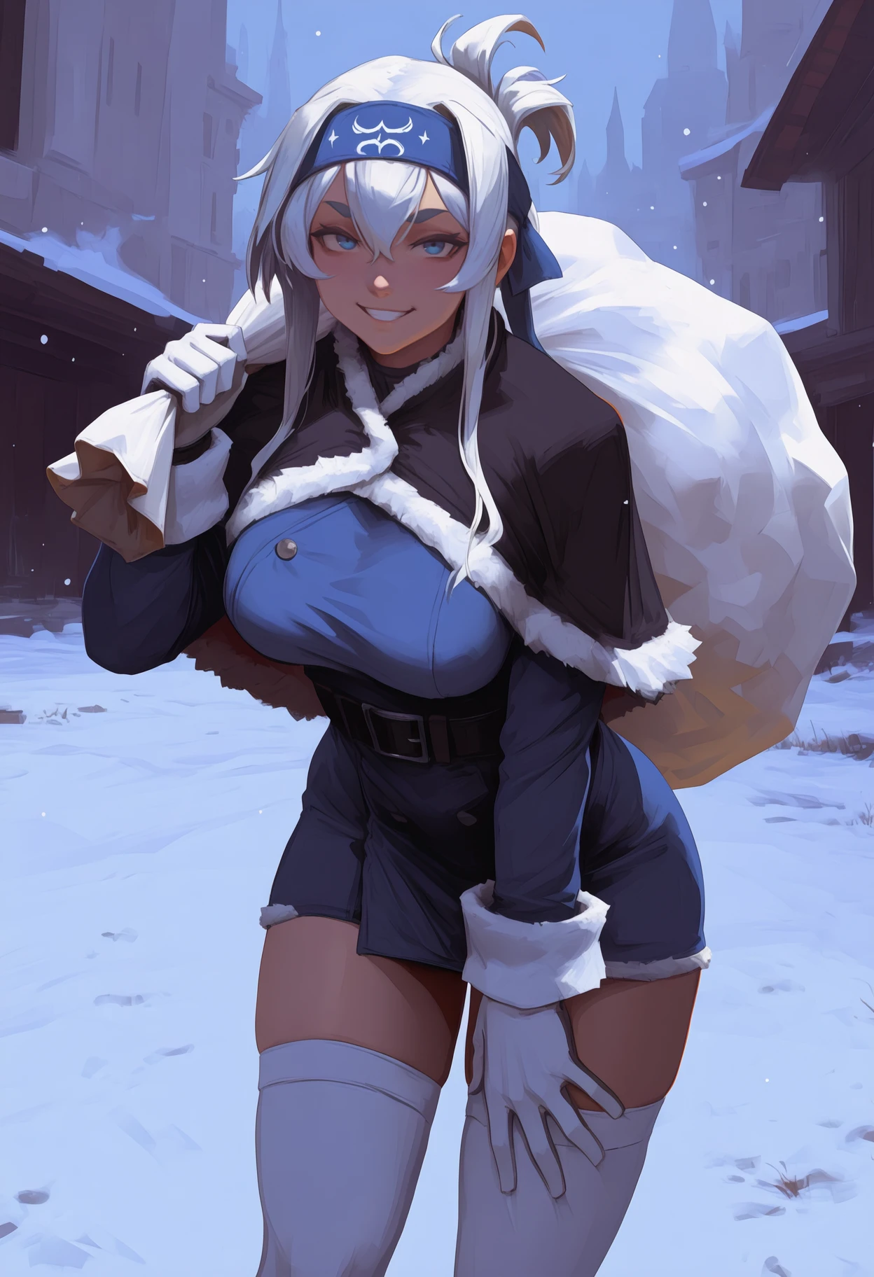 newest, painterly, solo, 1girl, grin, looking at viewer, standing, leaning forward, hand on own thigh, holding sack, carrying over shoulder, long hair, white hair, sidelocks, hair between eyes, folded ponytail, bandana, blue headband, blue eyes, thick eyebrows, black capelet, fur-trimmed capelet, short dress, blue dress, fur-trimmed dress, long sleeves, white gloves, black belt, white thighhighs, , outdoors, snow, building
<segment:yolo-Anzhc Face seg 640 v3 y11n.pt,0.5,0.5//cid=11>
